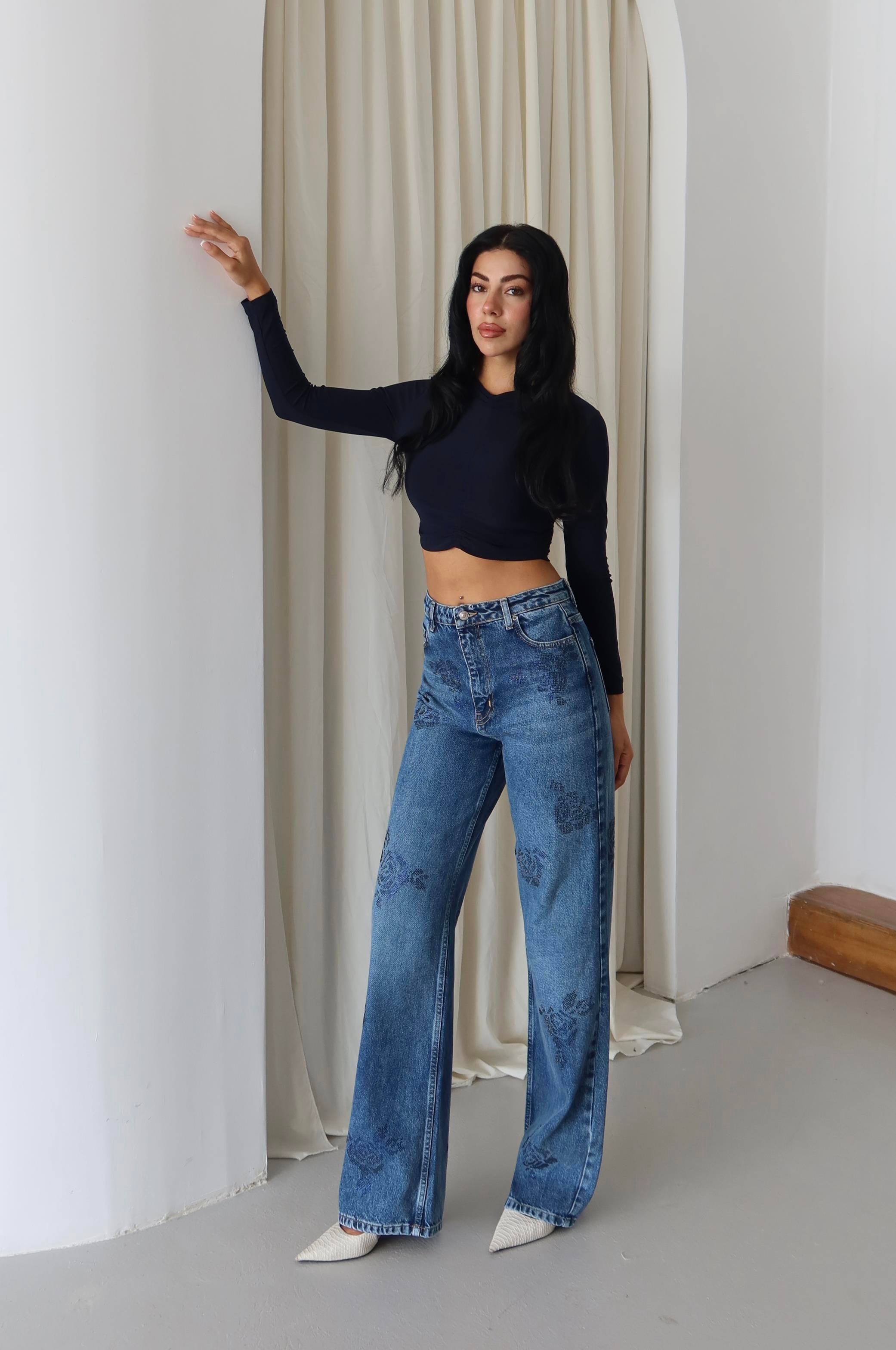 LACARINOYüksek Bel Bol Kesim Blue Gül Taş İşlemeli Jean Pantolon
