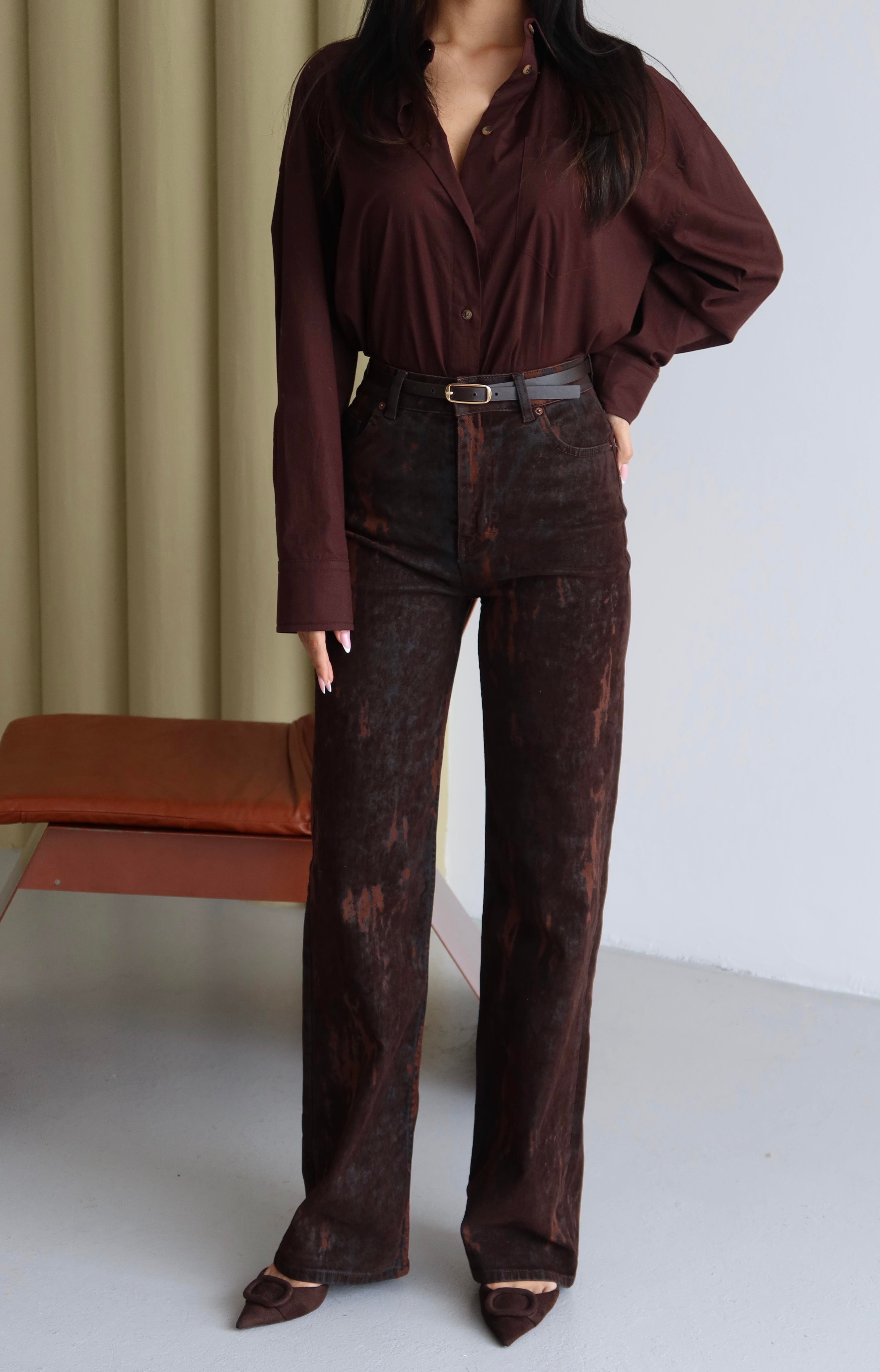 LACARINOYüksek Bel Flok Baskılı Kahve Jean Pantolon