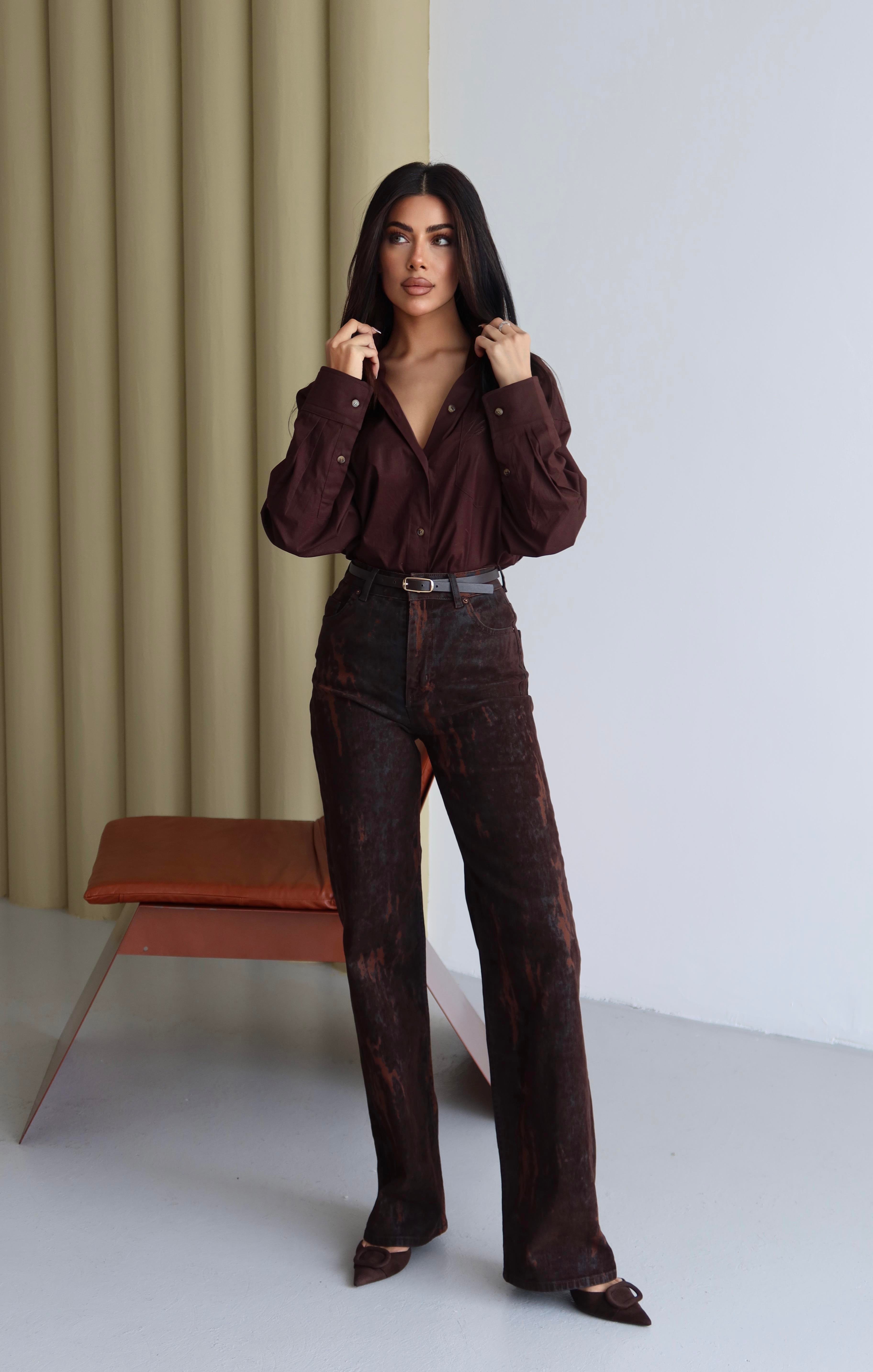 LACARINOYüksek Bel Flok Baskılı Kahve Jean Pantolon