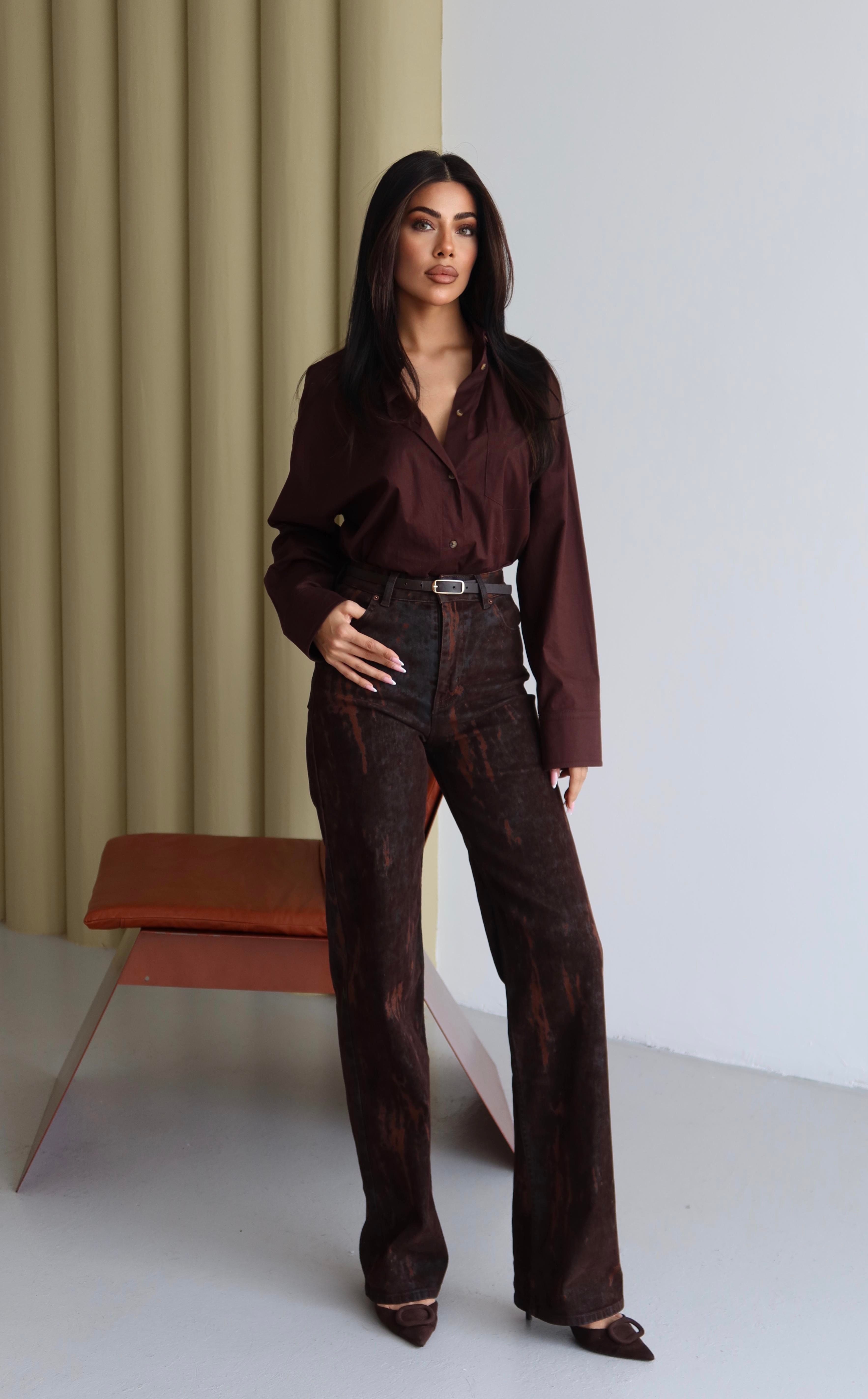 LACARINOYüksek Bel Flok Baskılı Kahve Jean Pantolon