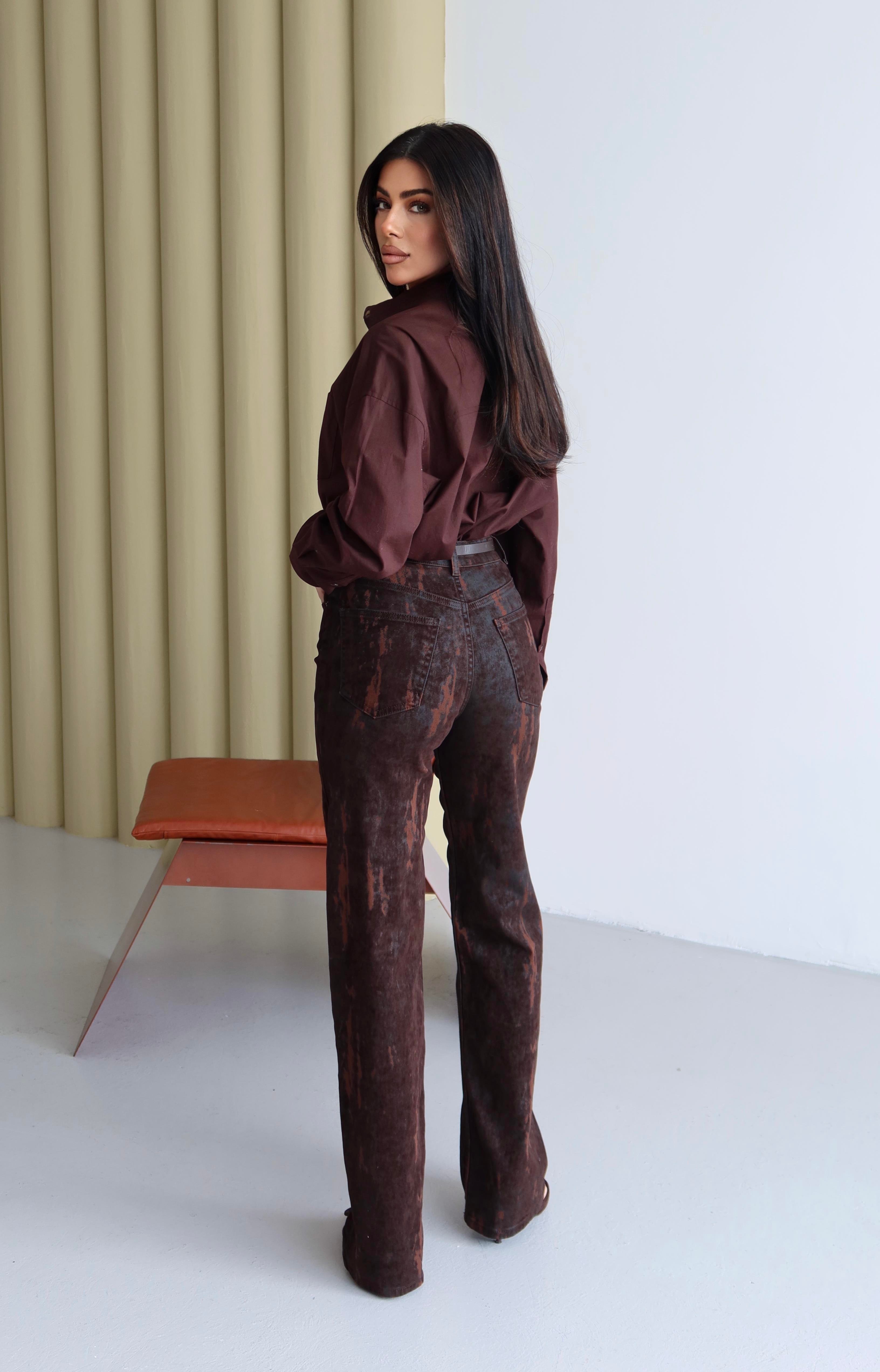 LACARINOYüksek Bel Flok Baskılı Kahve Jean Pantolon