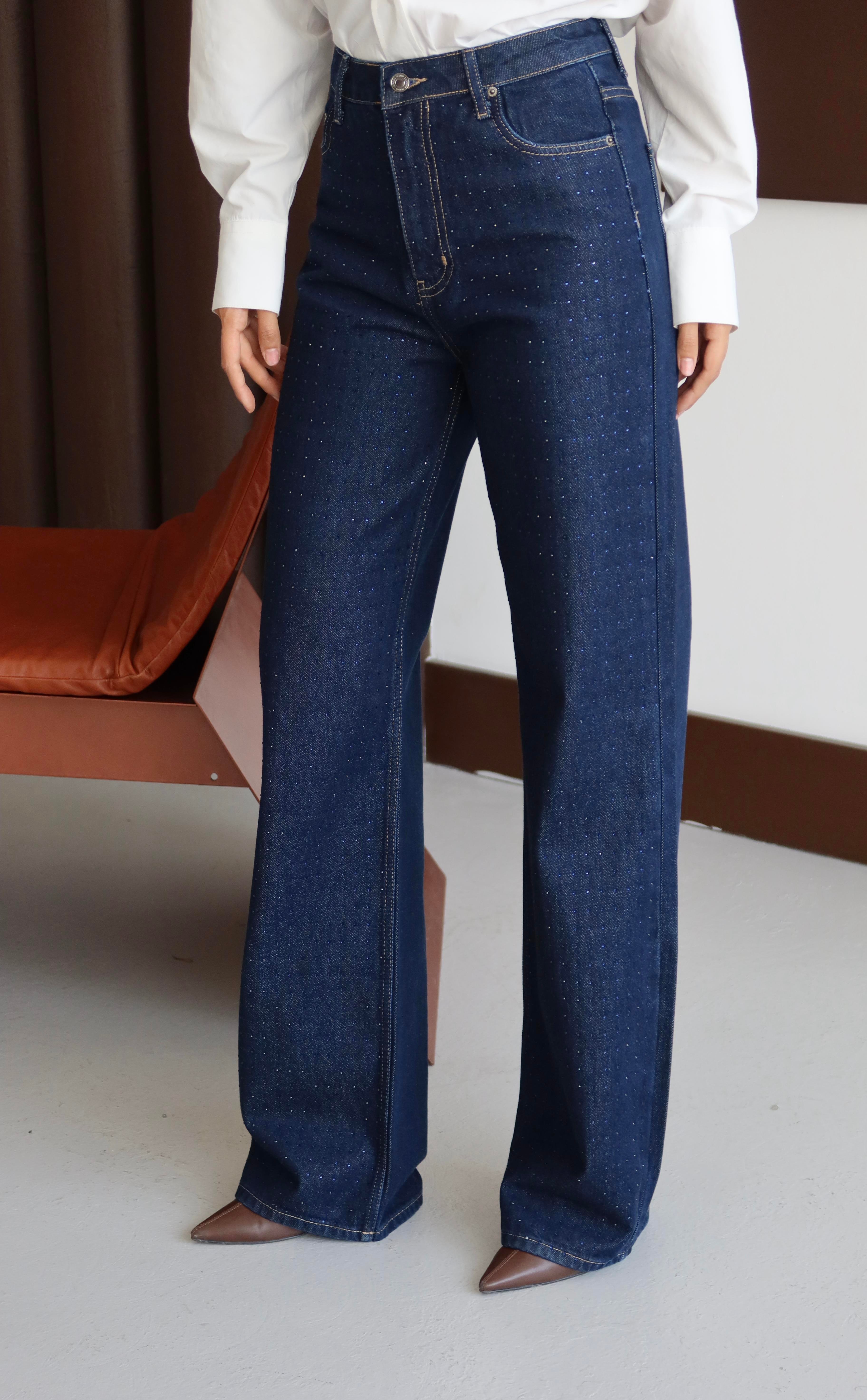 LACARINOYüksek Bel Bol Kesim Boydan Taş Detaylı Jean Pantolon