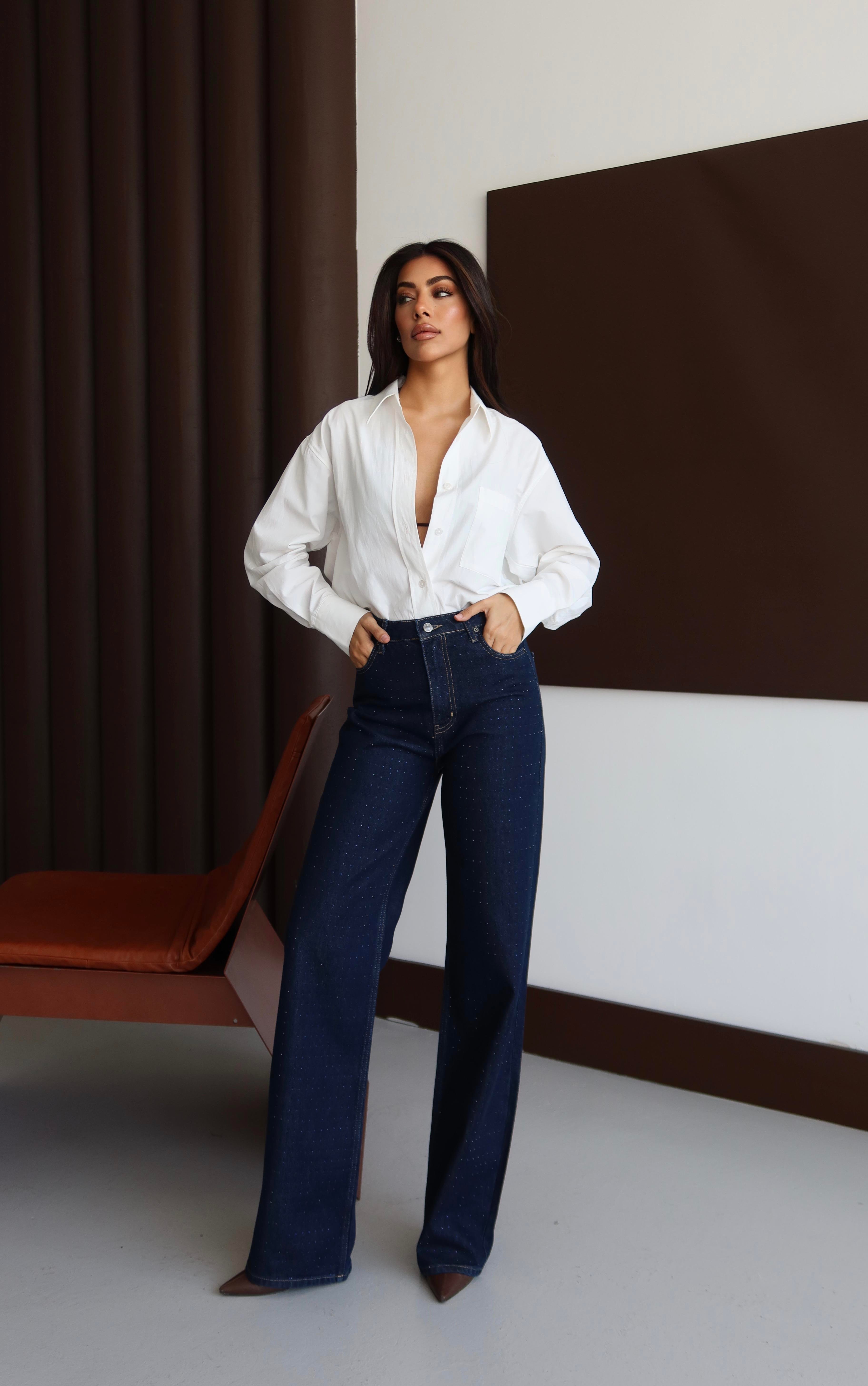 LACARINOYüksek Bel Bol Kesim Boydan Taş Detaylı Jean Pantolon