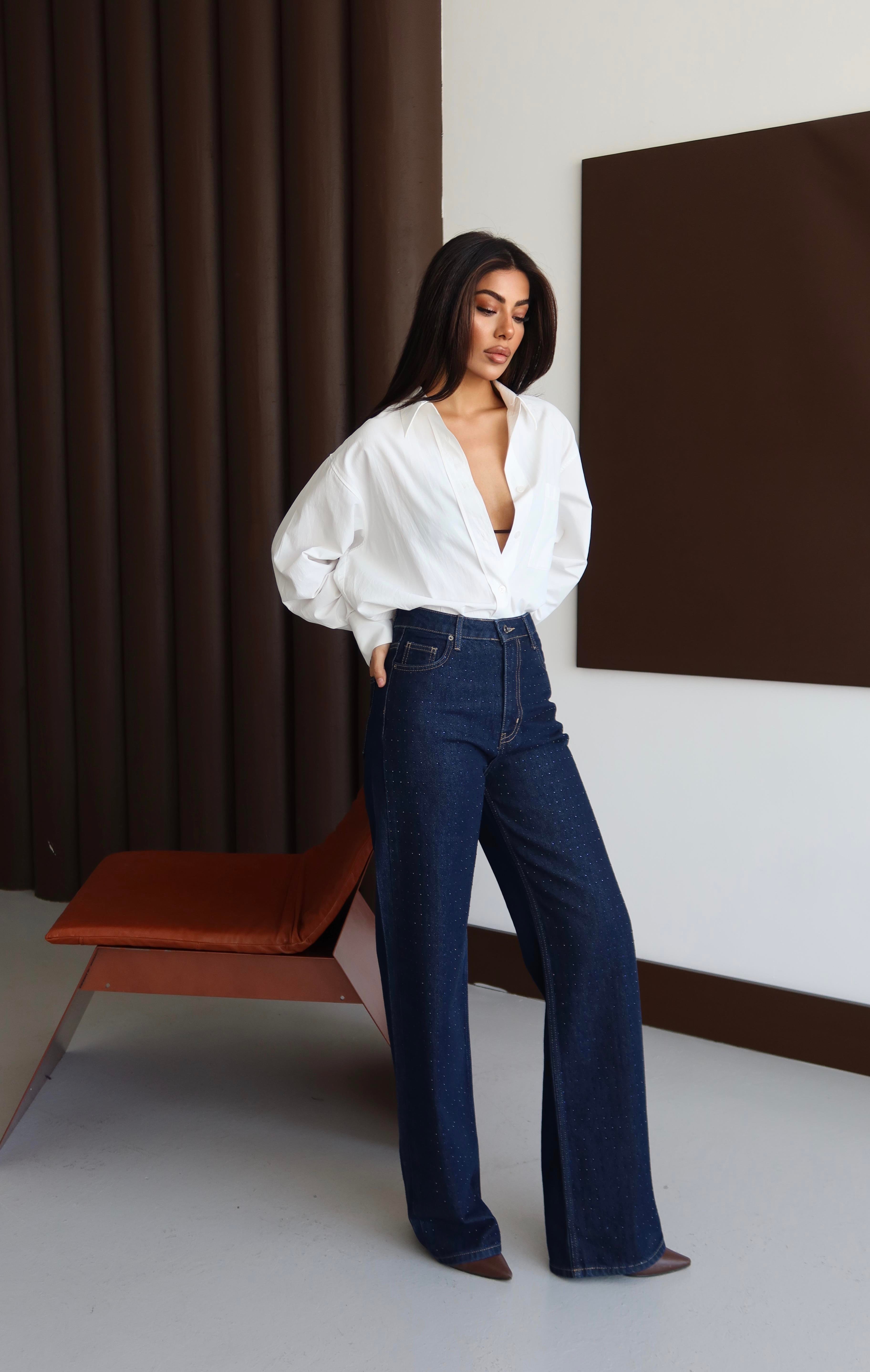 LACARINOYüksek Bel Bol Kesim Boydan Taş Detaylı Jean Pantolon