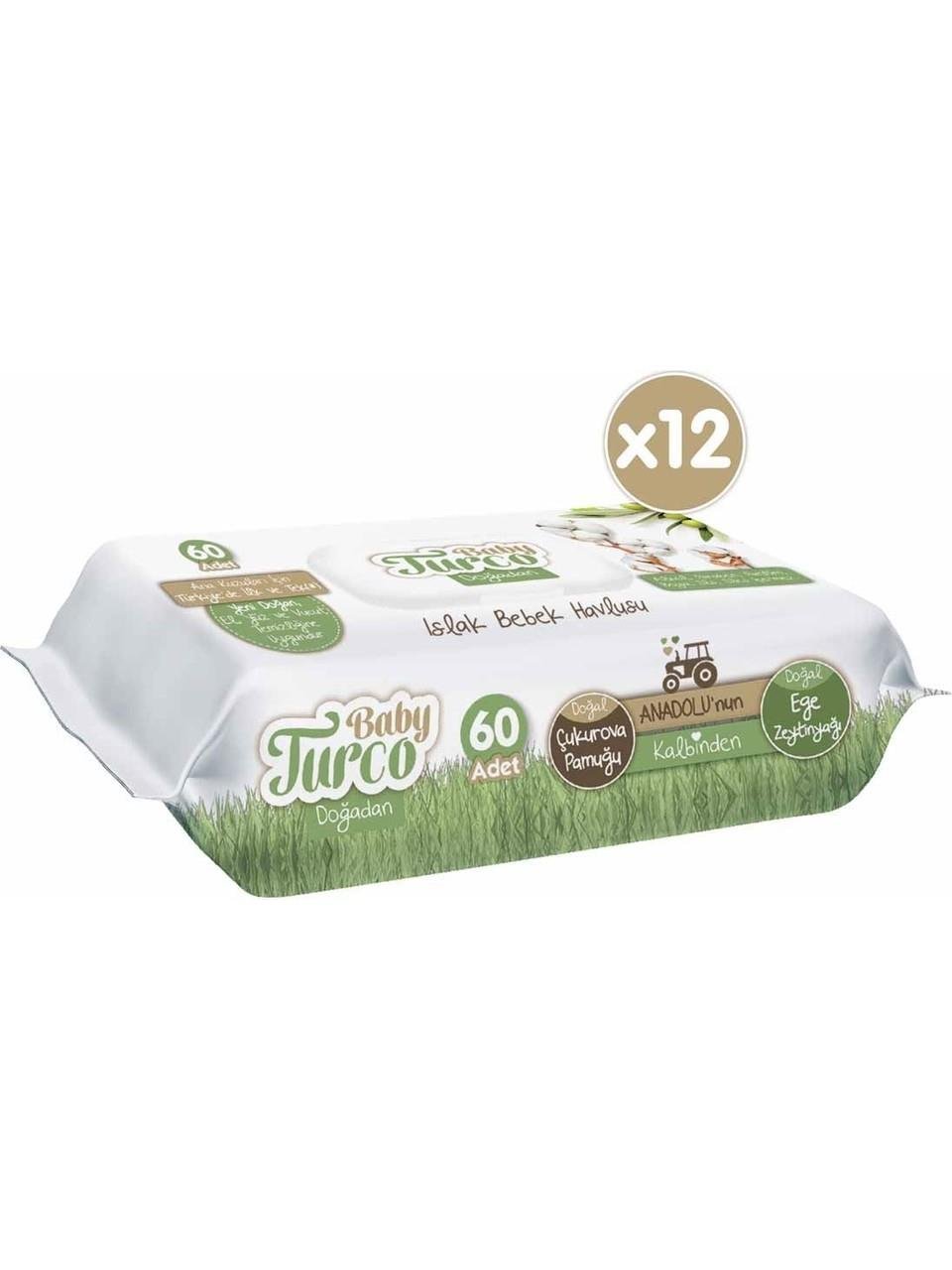 Baby Turco Baby Turco Doğadan Yenidoğan Islak Bebek Havlusu 12x60 Yaprak