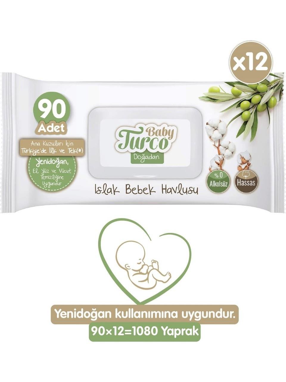 Baby Turco Baby Turco Doğadan Yenidoğan Islak Bebek Havlusu 12X90 Yaprak