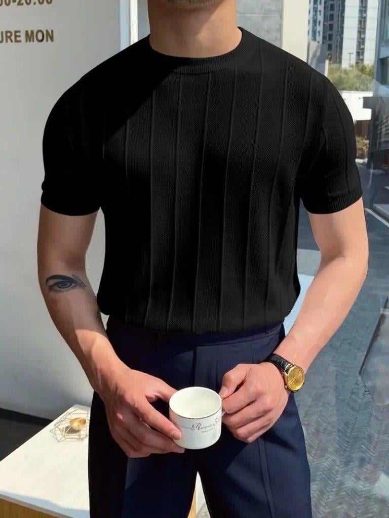 Erkek Kısa Kollu Bisiklet Yaka çizgili Triko Bluz