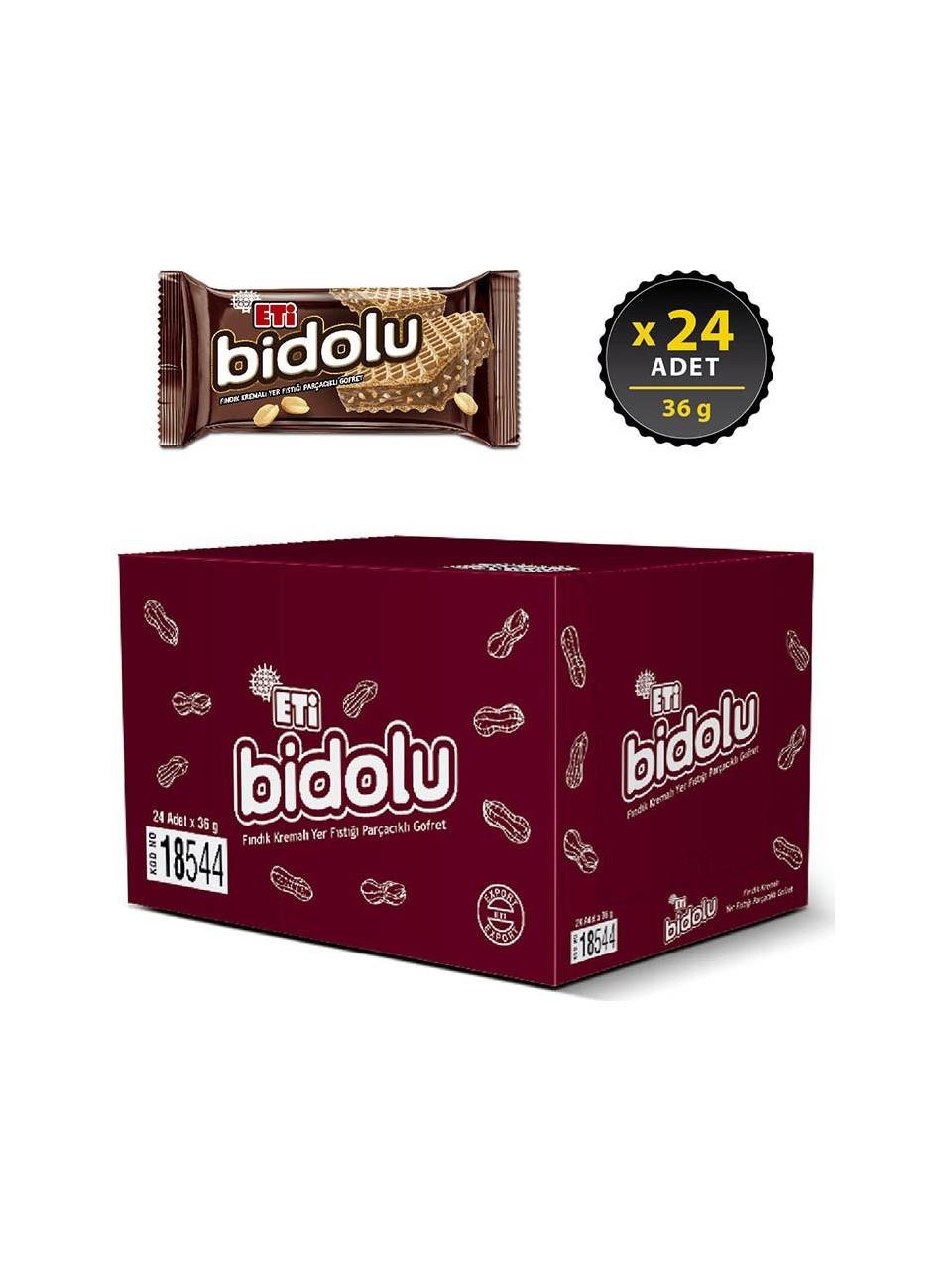 Eti Bidolu Fındık Kremalı Yer Fıstığı Parçacıklı Gofret 36 g x 24 Adet