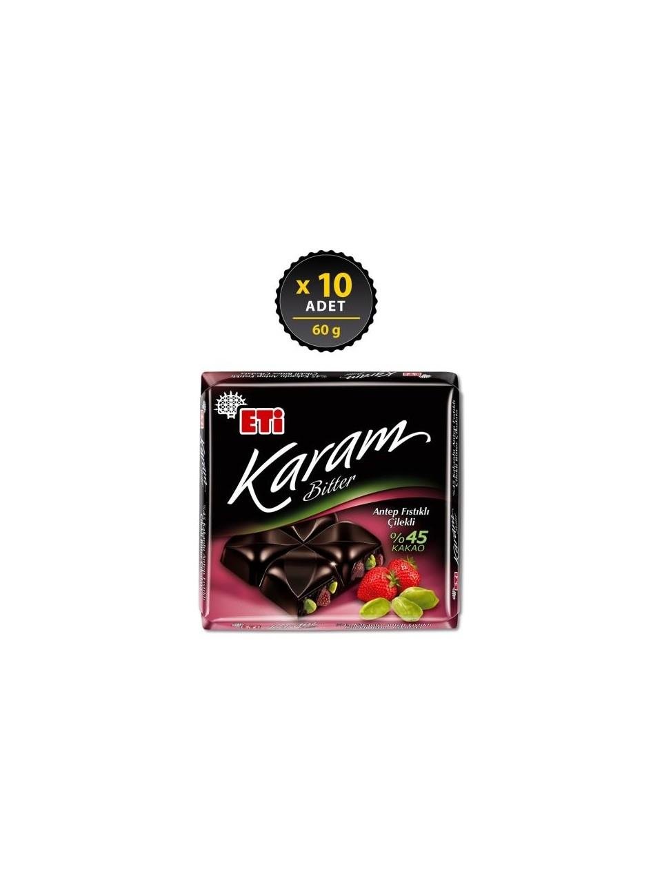 Eti Karam %45 Kakaolu Antep Fıstıklı Çilekli Çikolata 60 G x 10 Adet