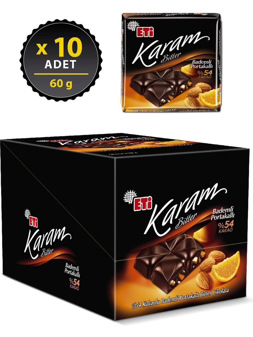 Eti Karam %54 Kakaolu Bademli Portakallı Bitter Çikolata 60 g x 10 Adet