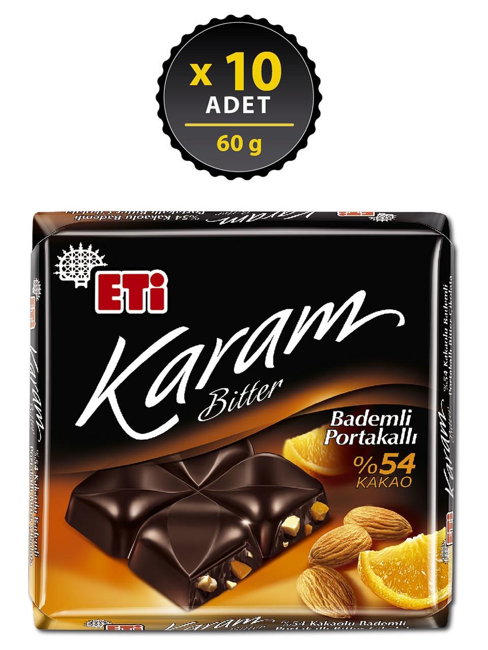 Eti Karam %54 Kakaolu Bademli Portakallı Bitter Çikolata 60 g x 10 Adet