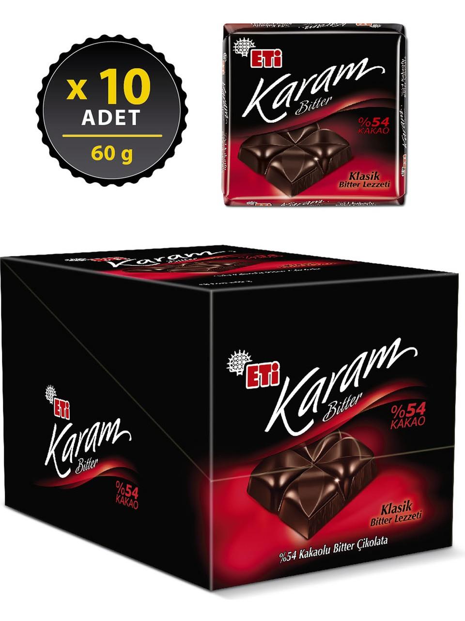 Eti Karam %54 Kakaolu Bitter Çikolata 60 g x 10 Adet