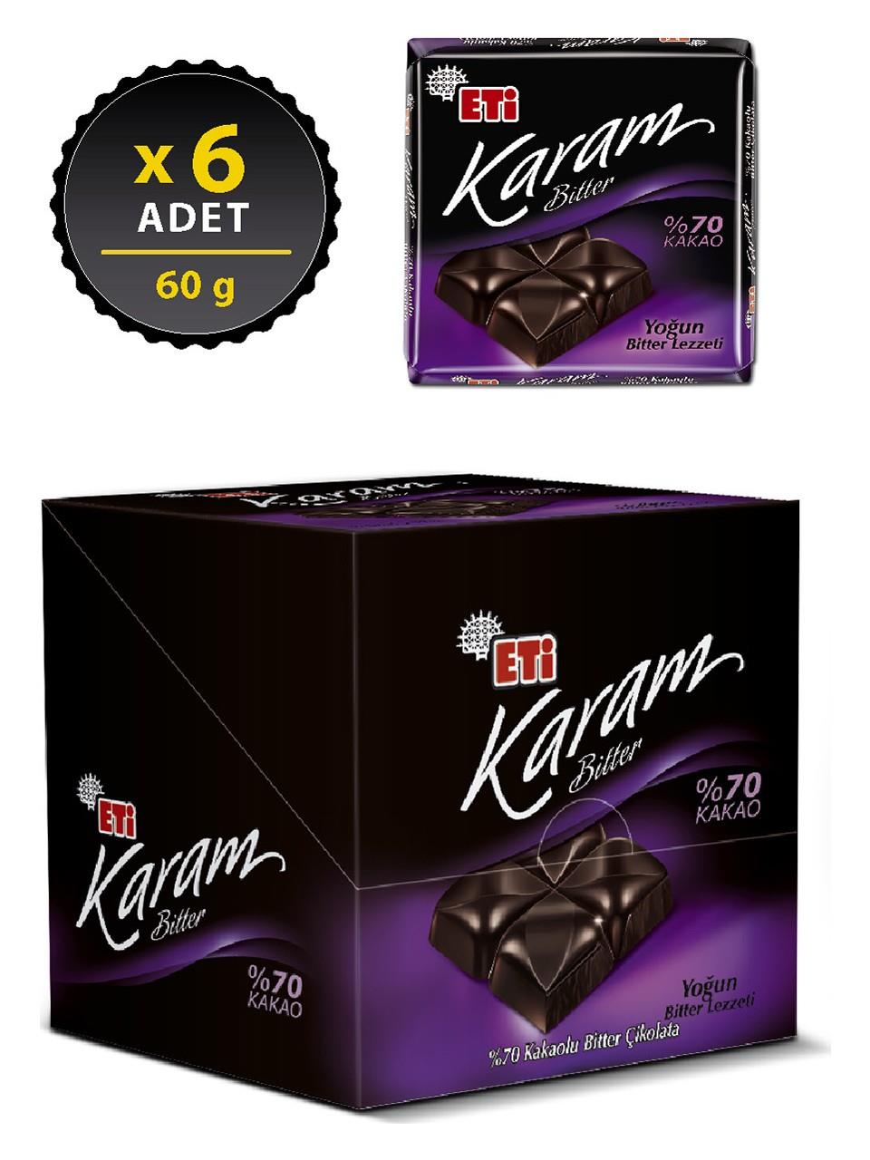 Eti Karam %70 Kakaolu Bitter Çikolata 60 g x 6 Adet
