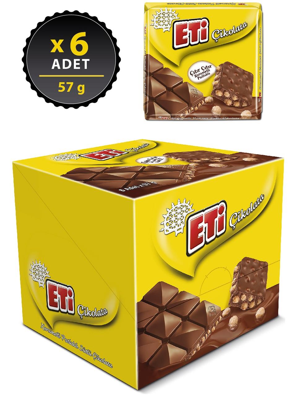 Eti Karamelli Patlaklı Sütlü Kare Çikolata 57 g x 6 Adet