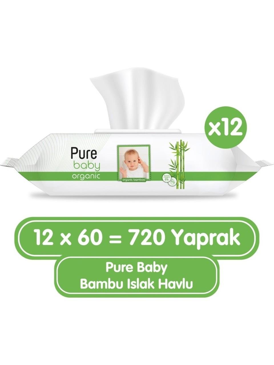 Pure Baby Organik Bambu Özlü Islak Havlu 12×60 (720 Yaprak)