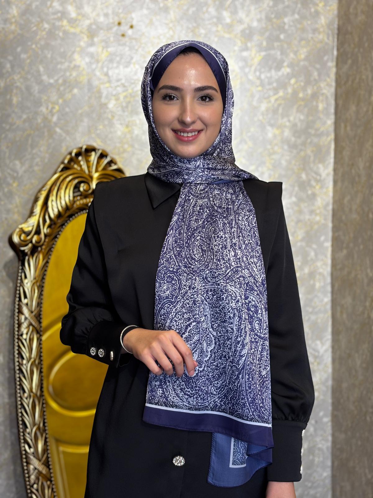Levidor Lacivert Baskılı Hint İpeği Şal