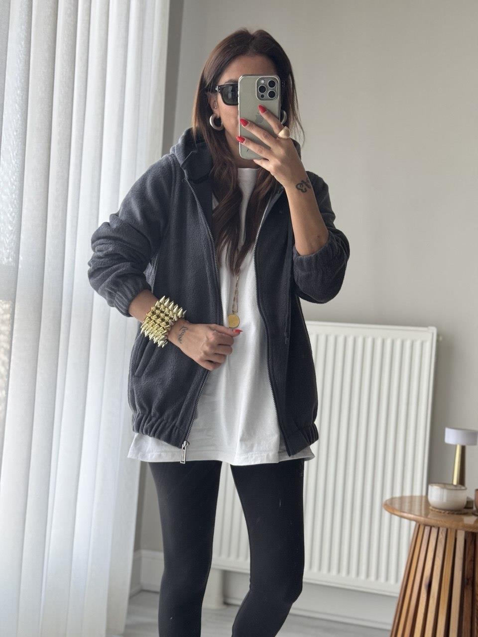 Arka Nakış Detaylı Polar Sweat Fermuarlı Antrasit