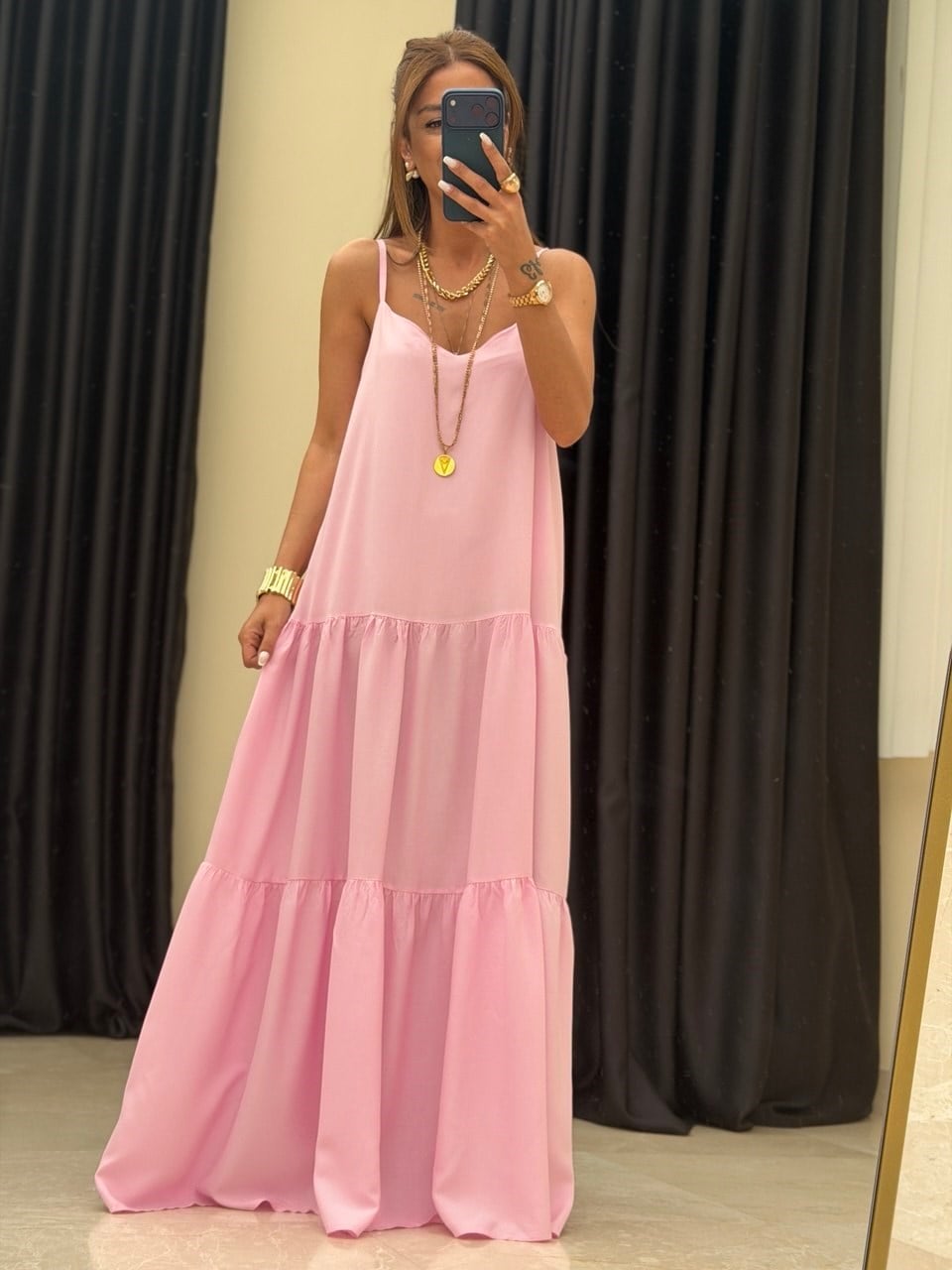 Askılı Maxi Boy Elbise Pembe