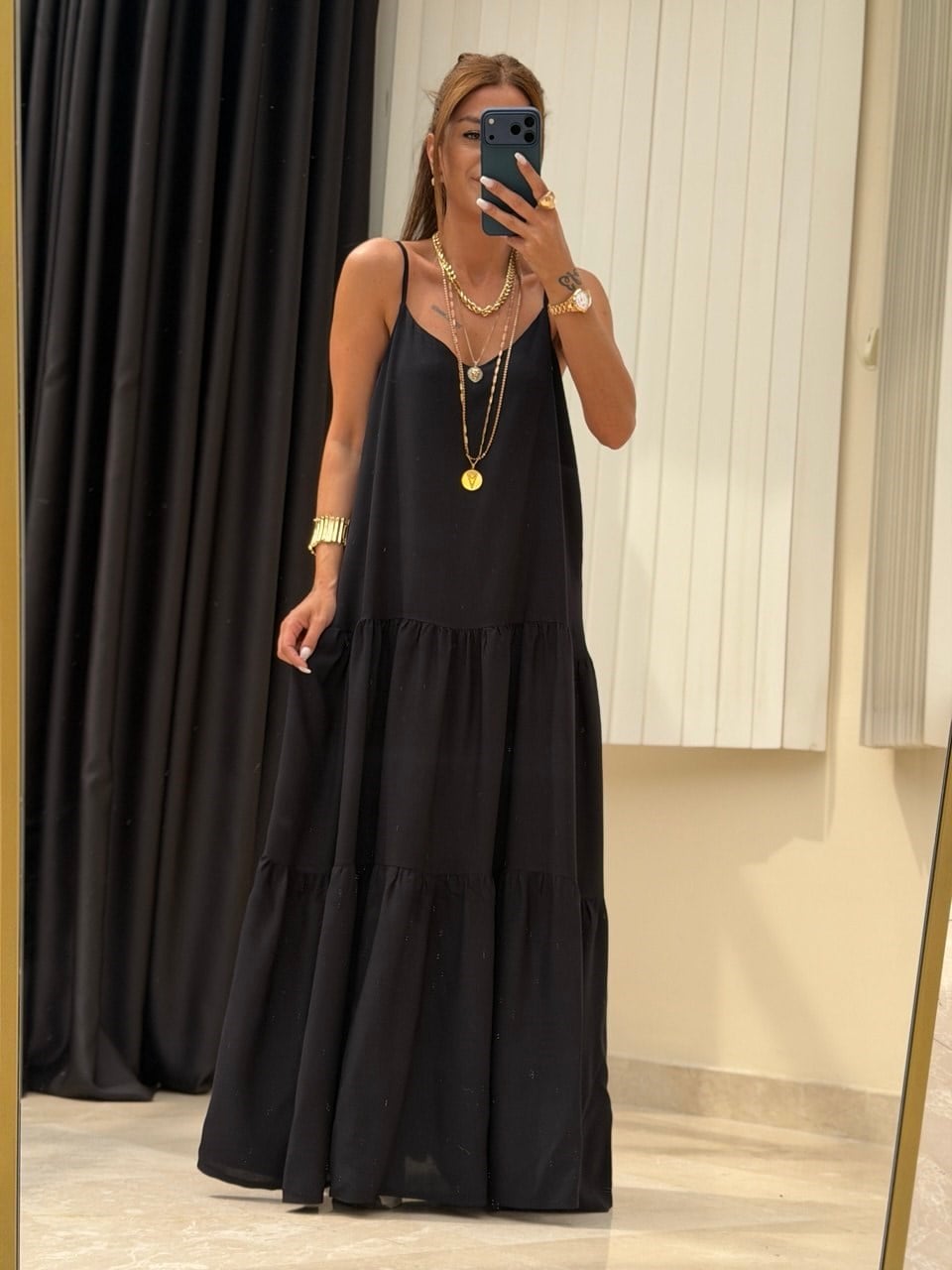 Askılı Maxi Boy Elbise Siyah