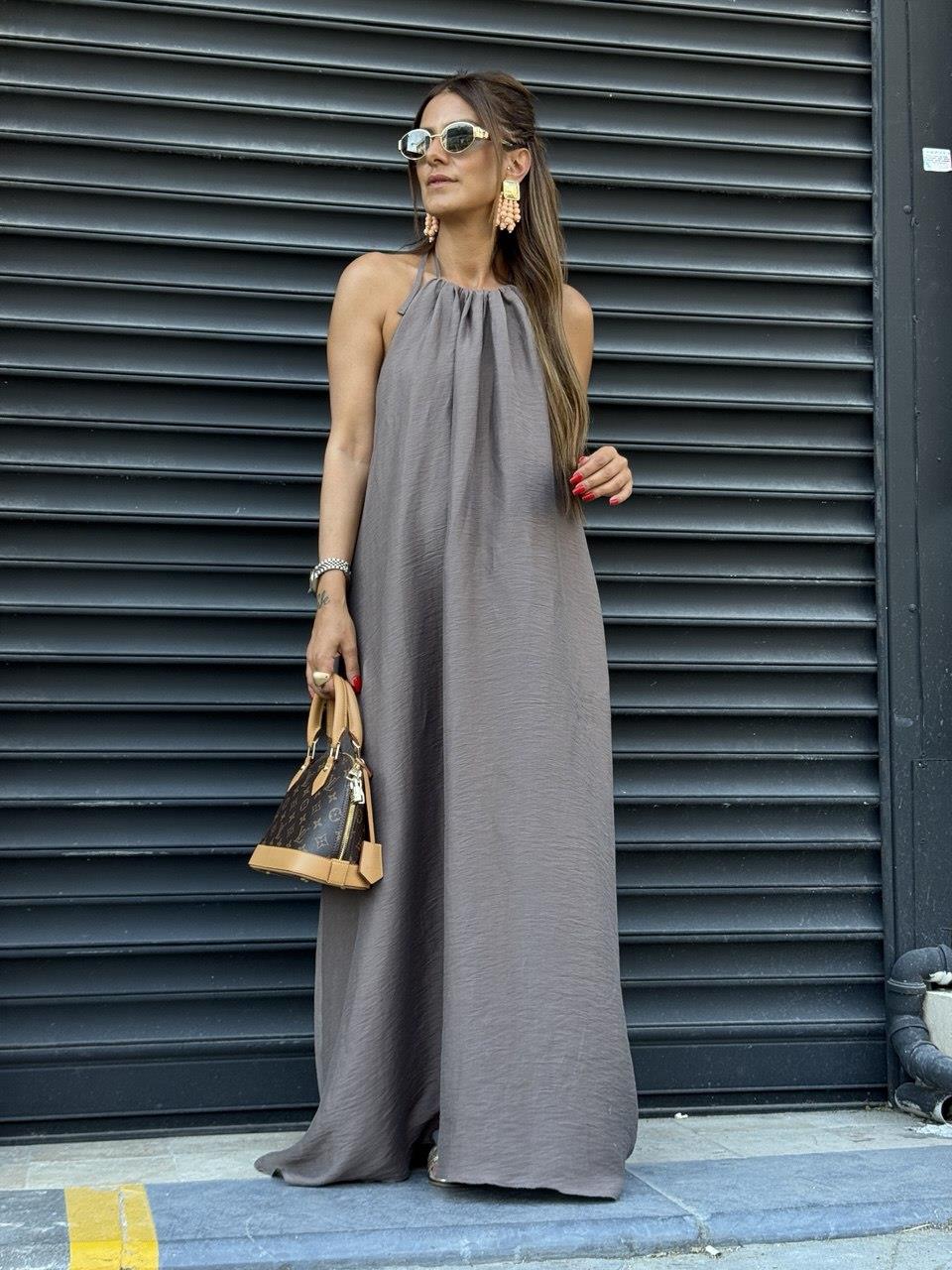 Boyundan Baglamalı Elbise Vizon