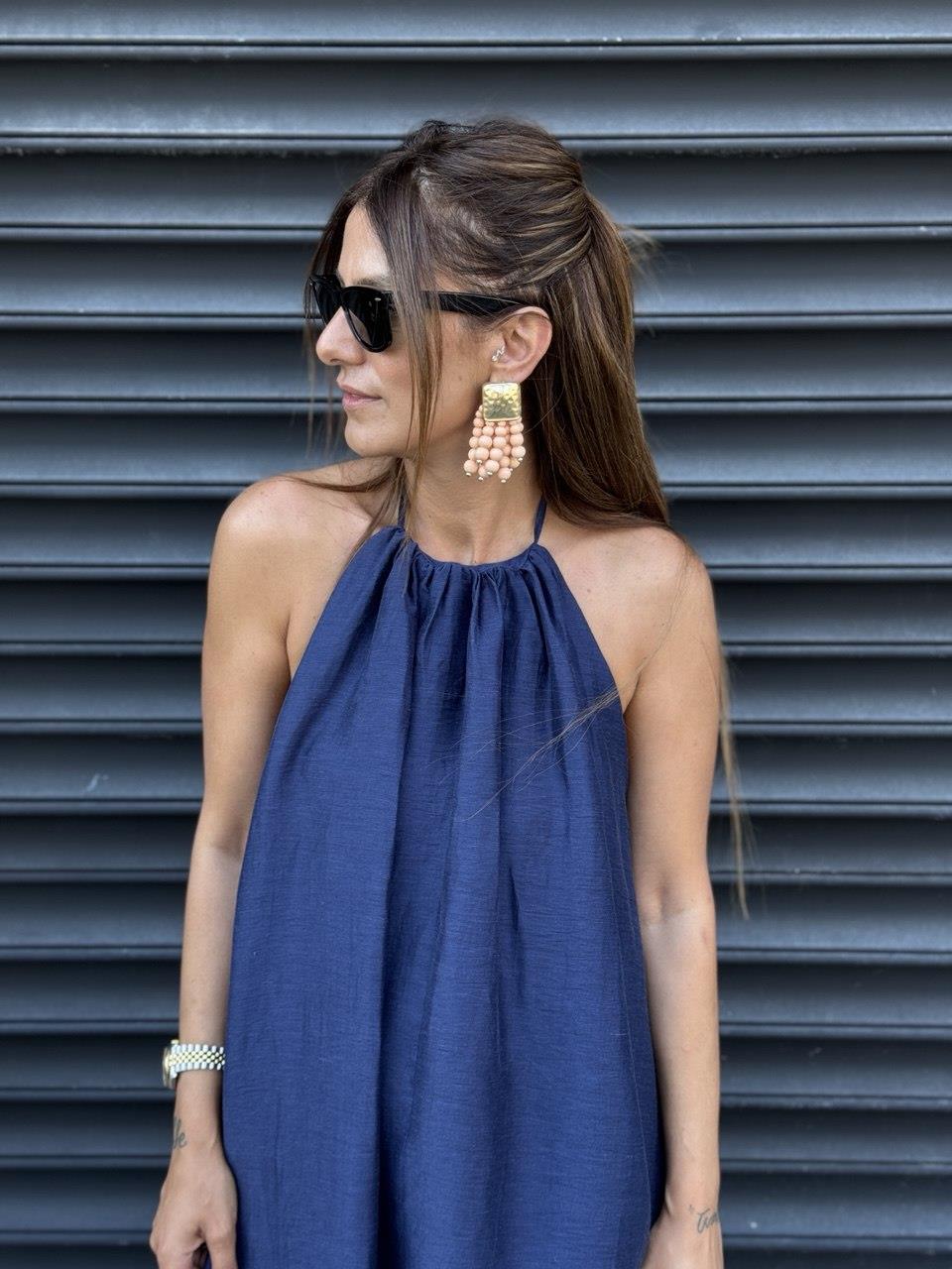 Bpyundan Baglamalı Elbise Lacivert