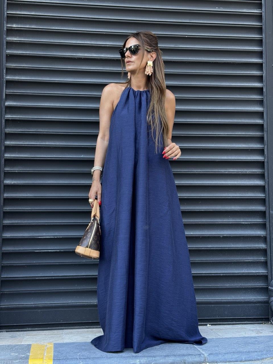 Bpyundan Baglamalı Elbise Lacivert