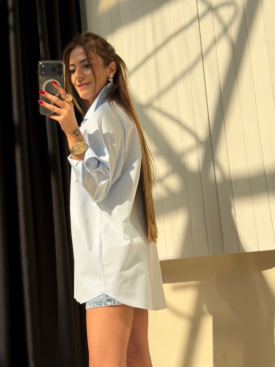 Broş Detaylı Poplin Gömlek Mavi
