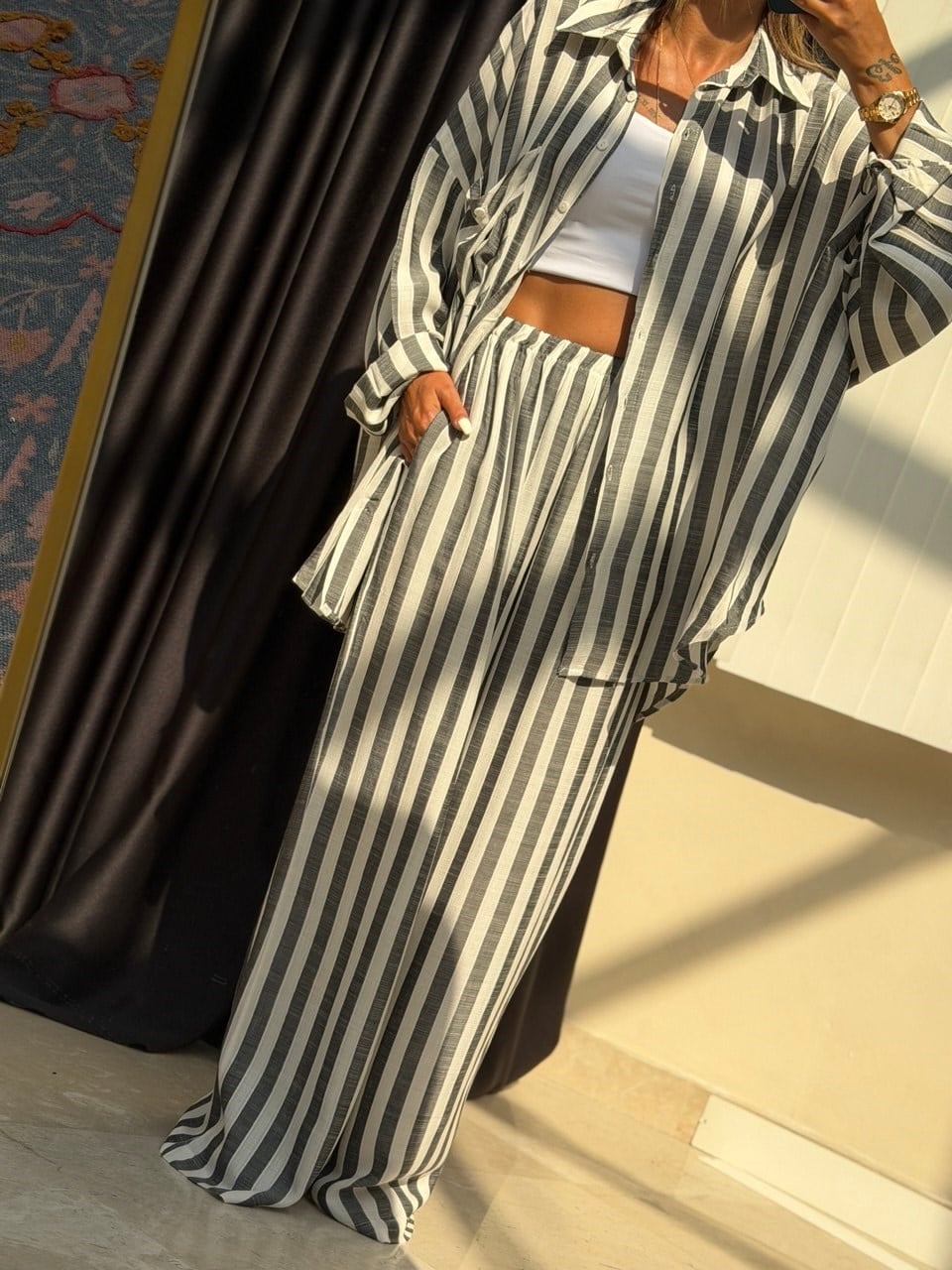 Çizgili Oversize Takım Antrasit