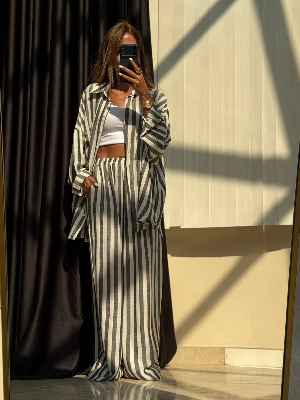 Çizgili Oversize Takım Antrasit