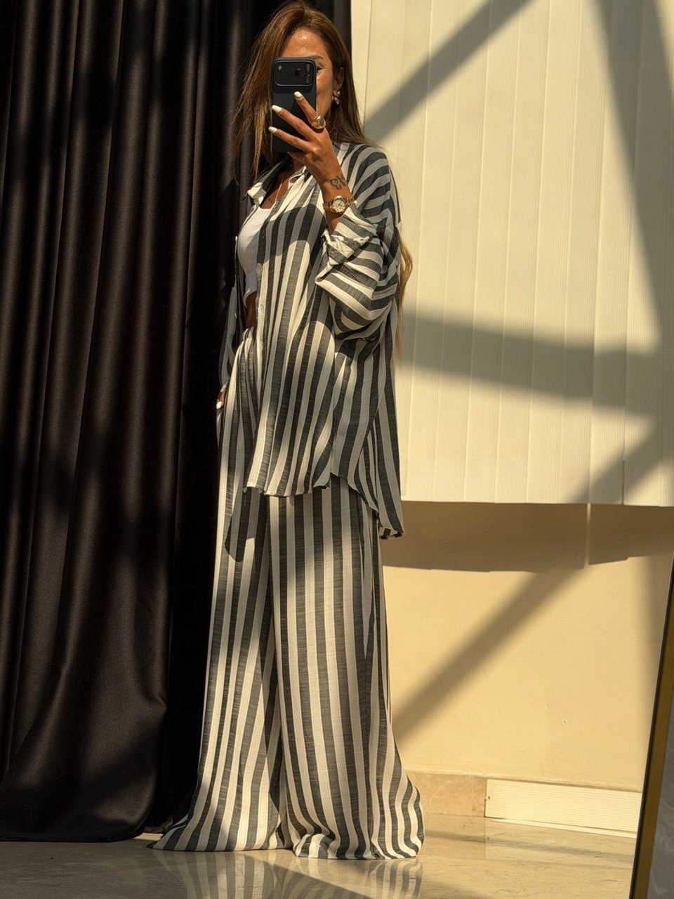 Çizgili Oversize Takım Antrasit