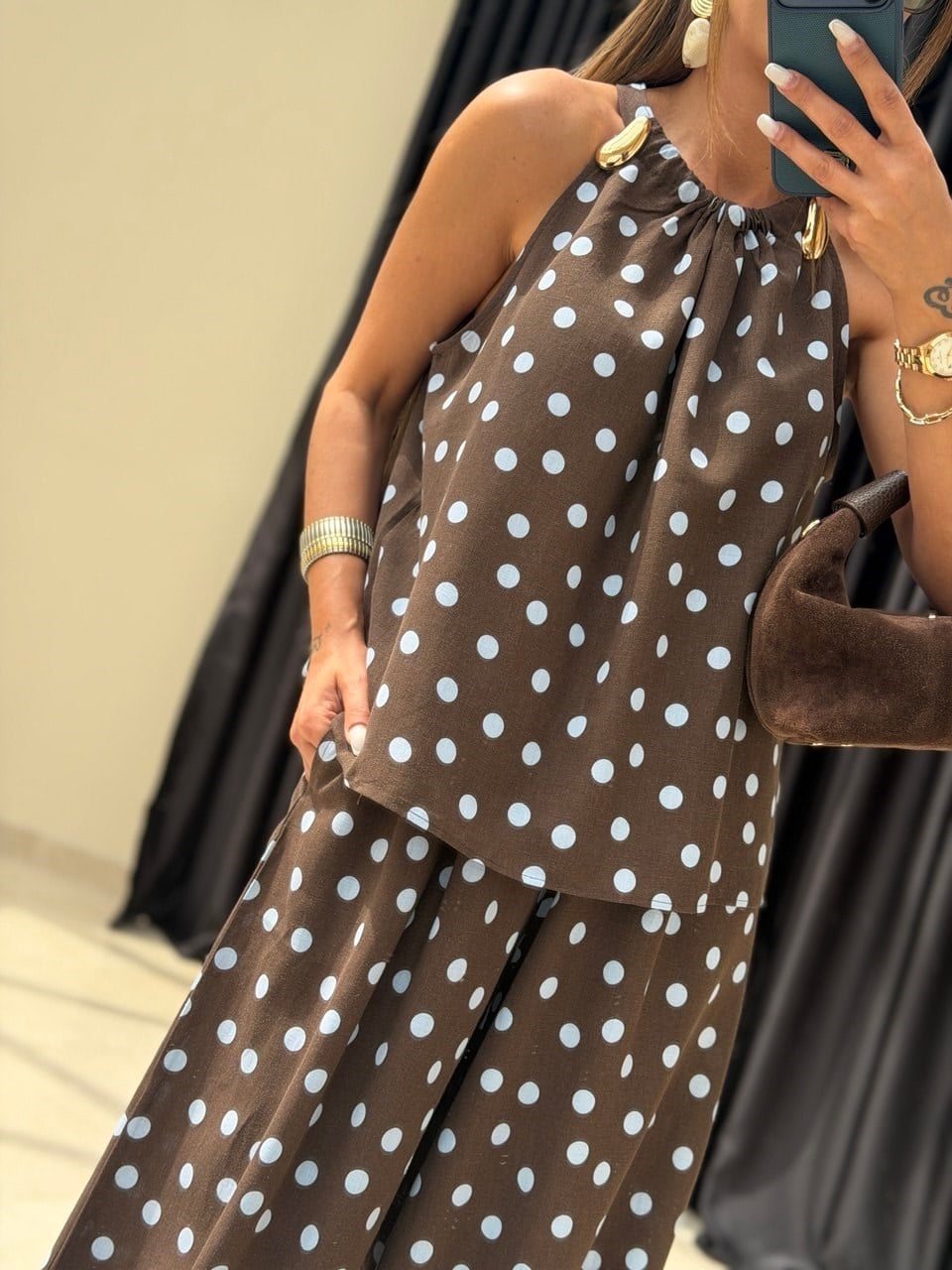 Halter Yaka Aksesuar Detaylı Şalvarlı Takım Kahve