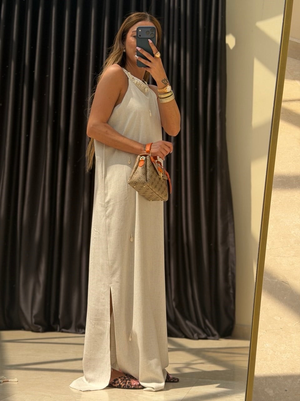 Halter Yaka Keten Elbise 