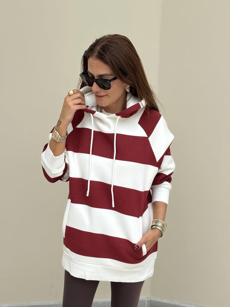 Kapişonlı Bordo Çizgili Sweat