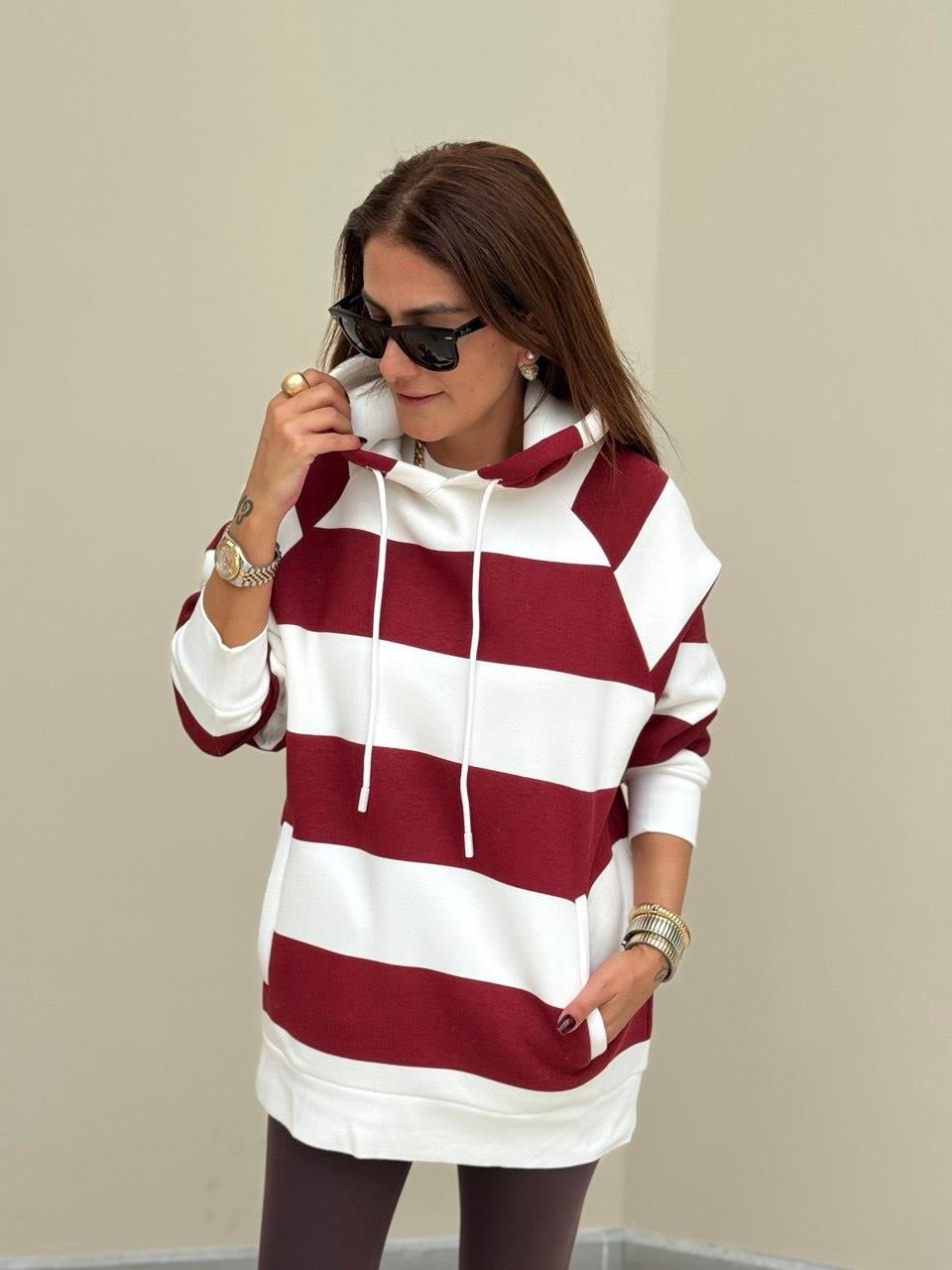 Kapişonlı Bordo Çizgili Sweat