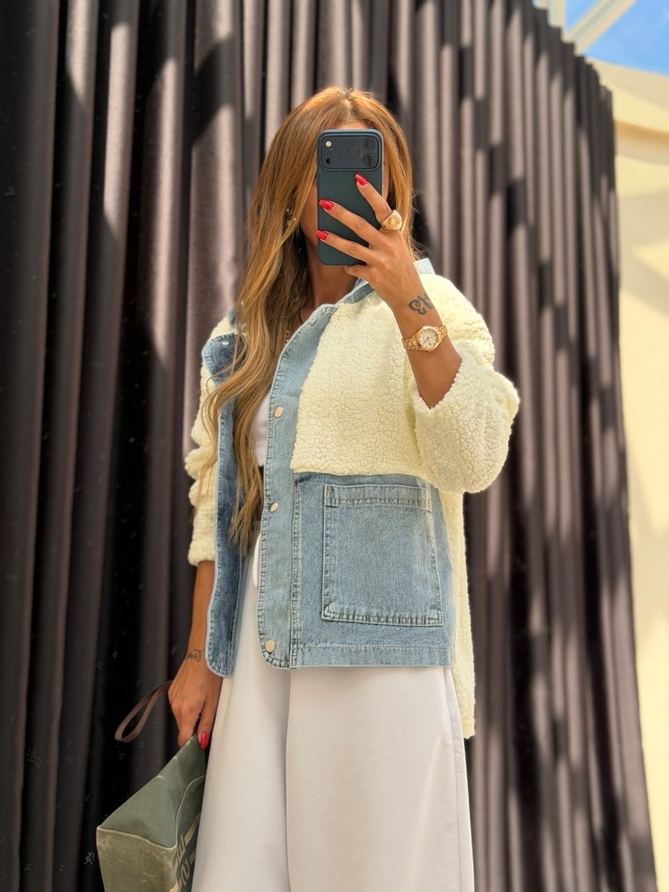 Kapişonlu Denim Garnili Teddy Ceket Ekru