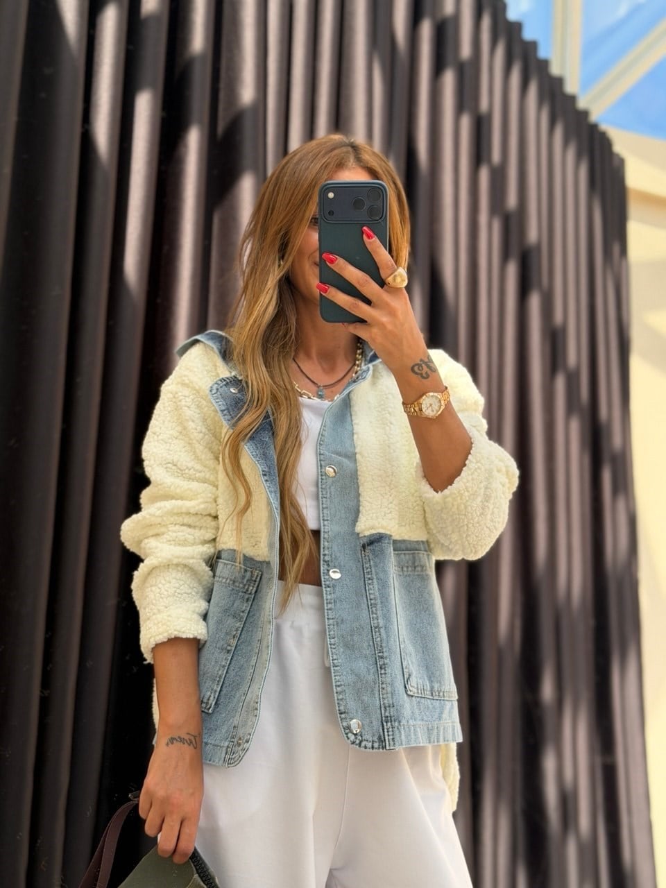 Kapişonlu Denim Garnili Teddy Ceket Ekru