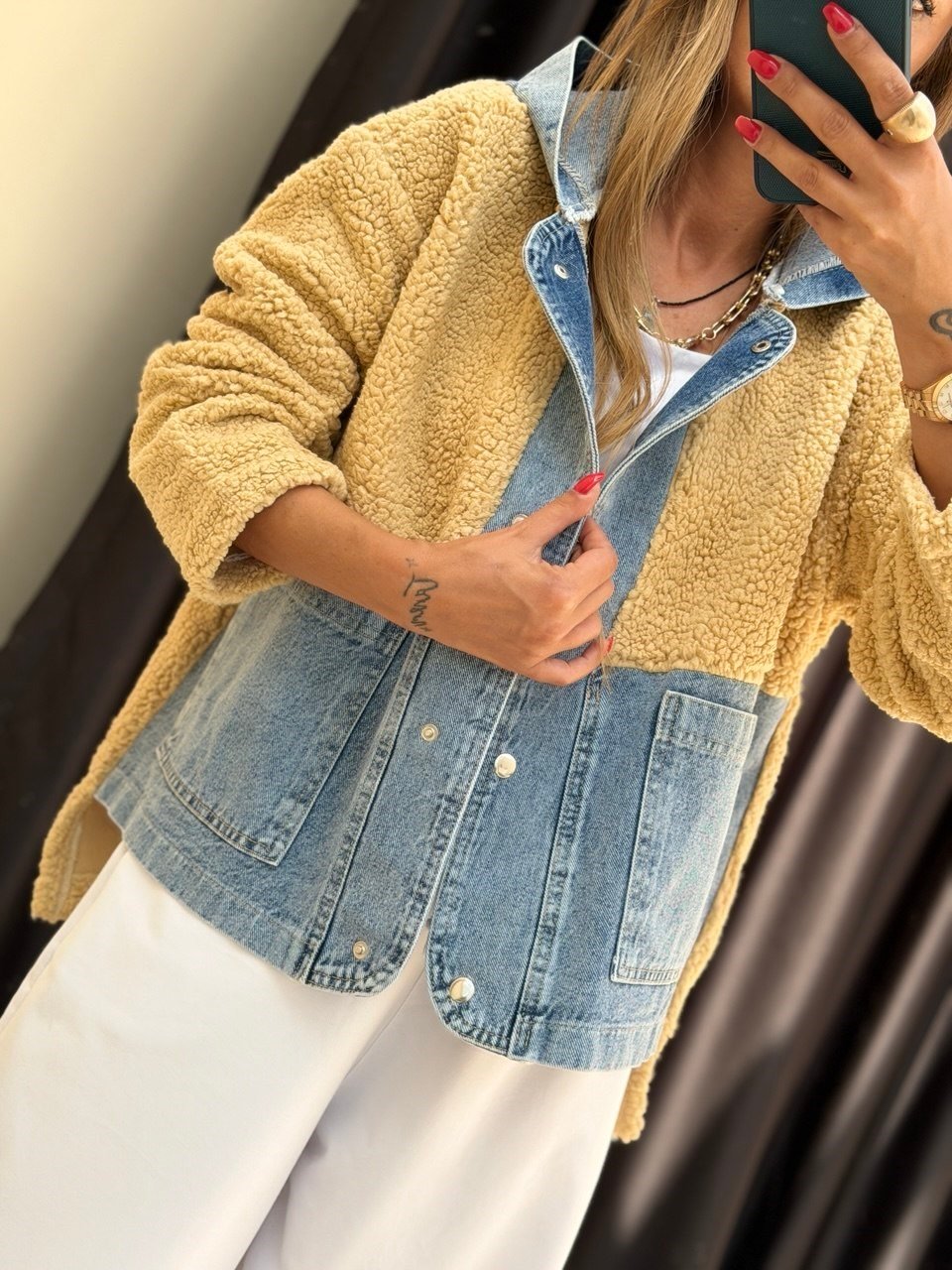 Kapişonlu Denim Garnili Teddy Ceket Vizon