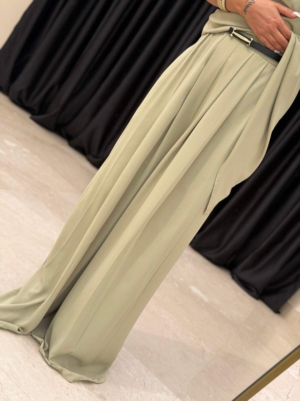 Kendinden Kemerli Palazzo Pantolon Olive