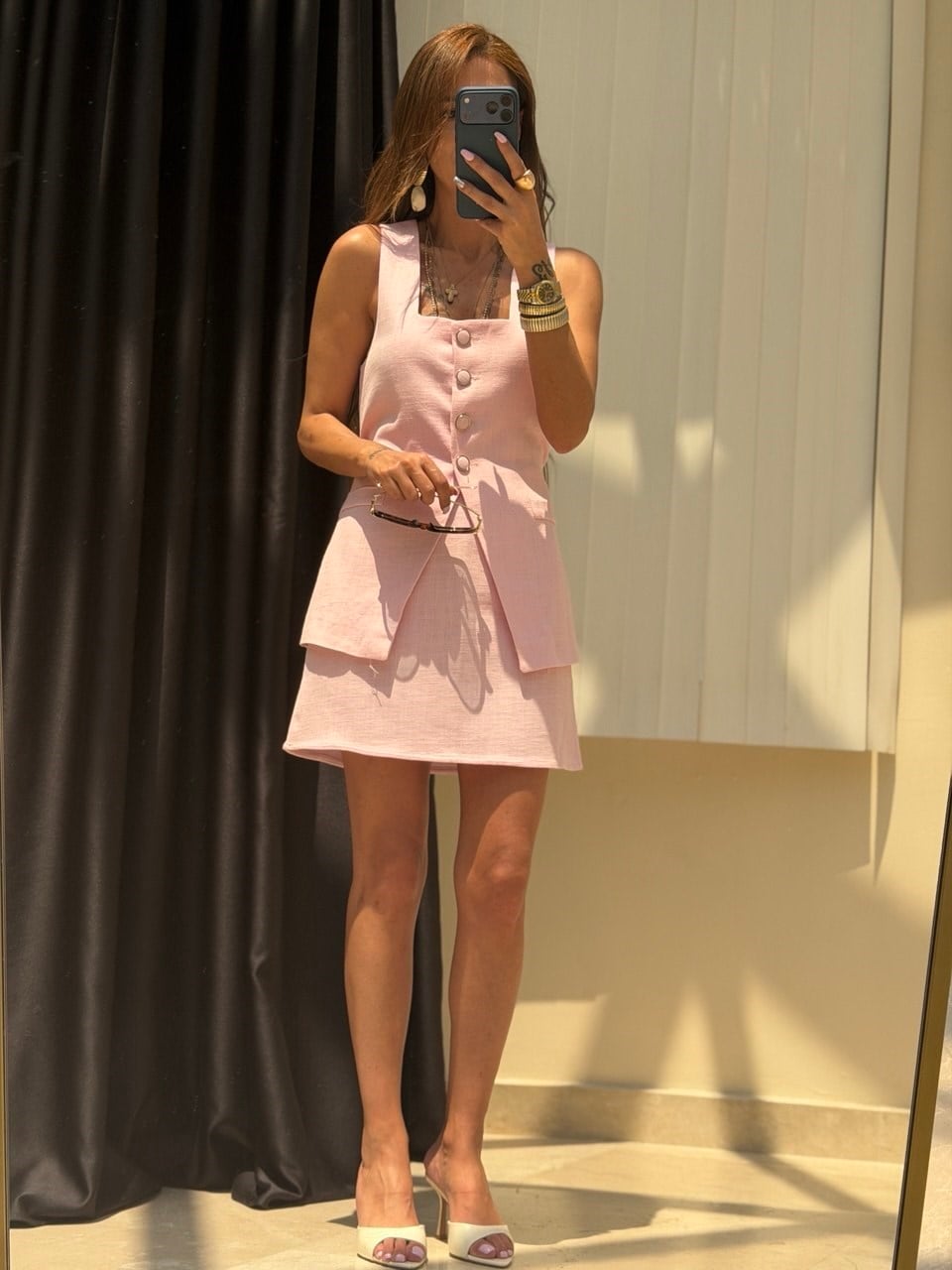Keten Yelekli Etek Takım Pembe