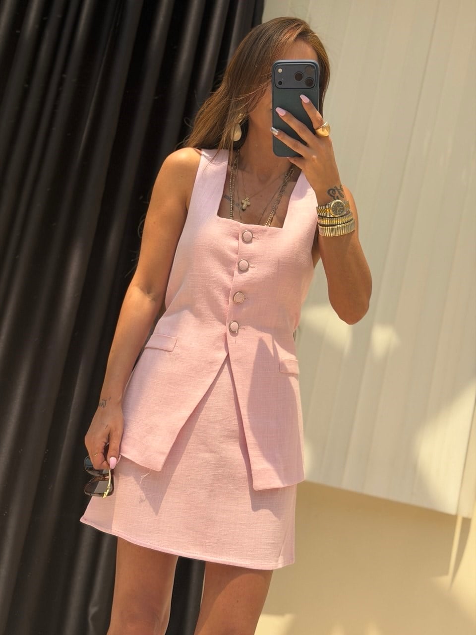 Keten Yelekli Etek Takım Pembe