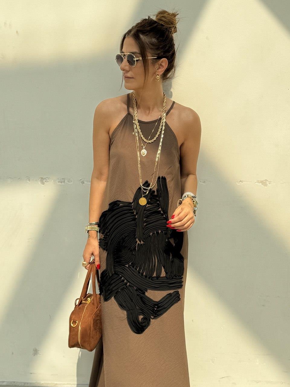 Kontrast Kurdeleli Elbise Kahve