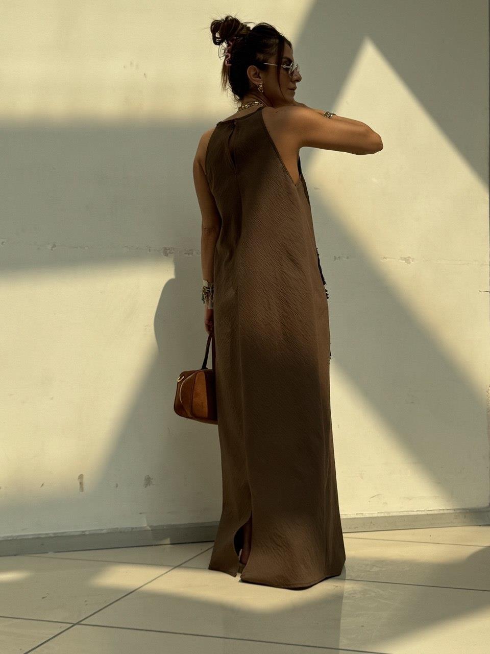 Kontrast Kurdeleli Elbise Kahve