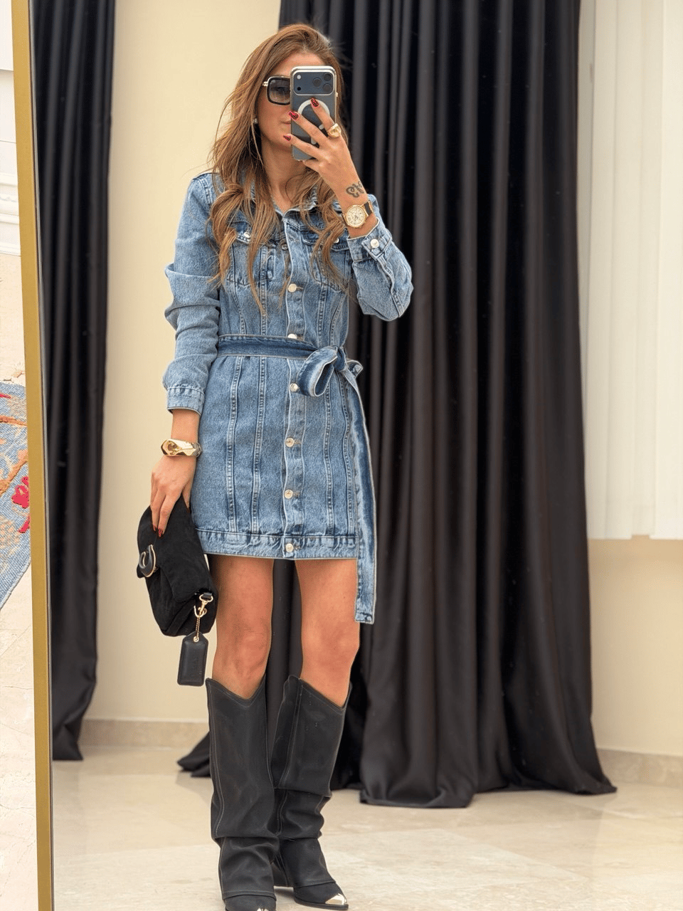 Kuşaklı Denim Elbise 
