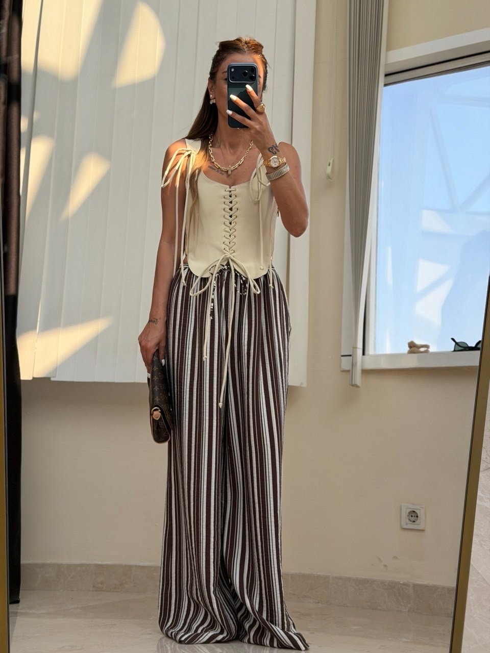 Marka Model Çizgili Pantolon Kahve