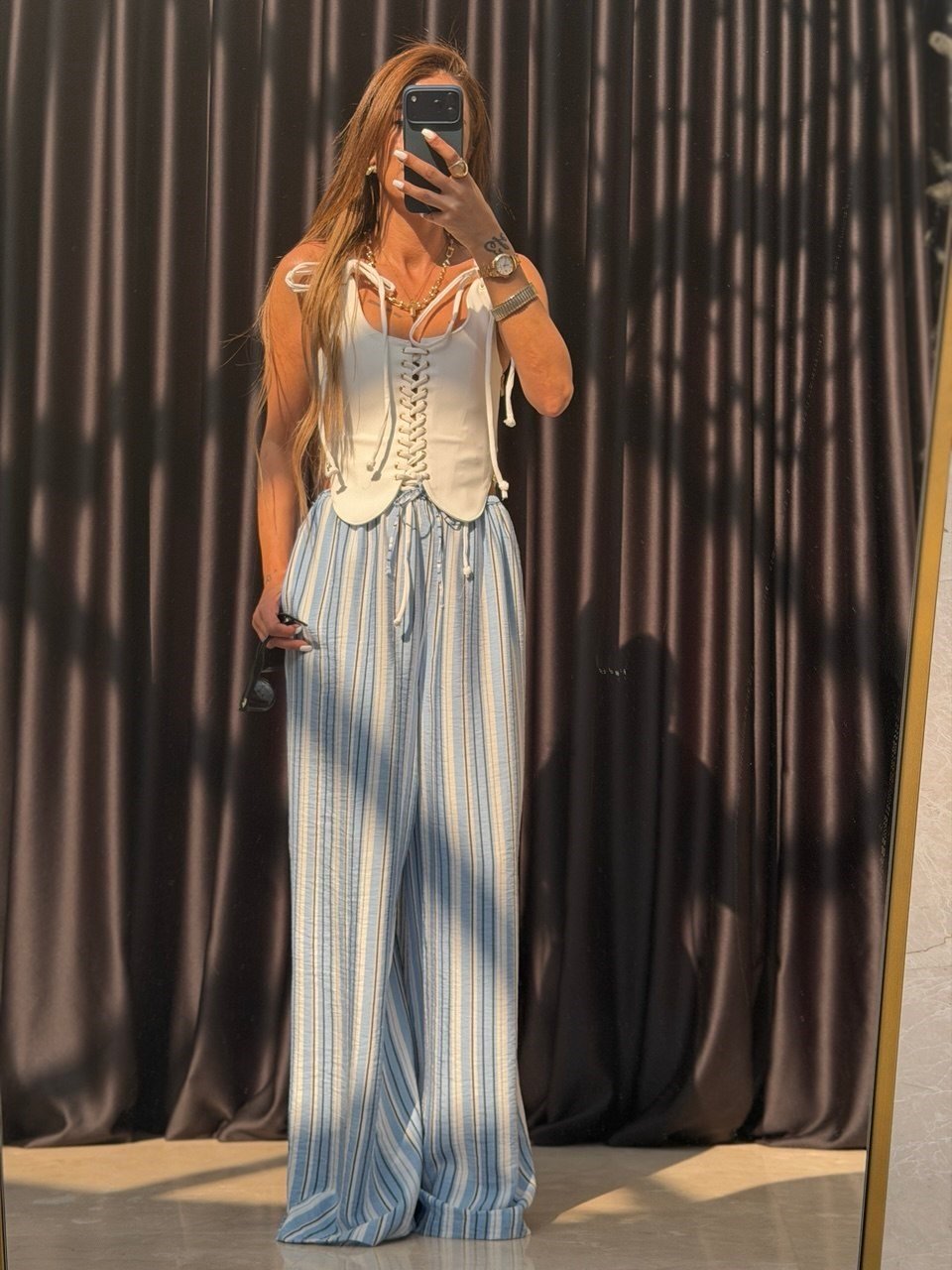 Marka Model Çizgili Pantolon Mavi