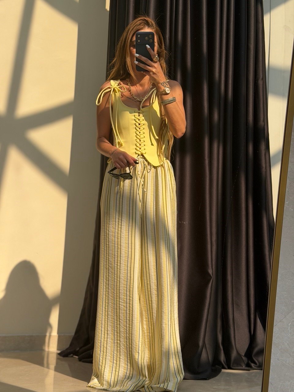 Marka Model Çizgili Pantolon Sarı