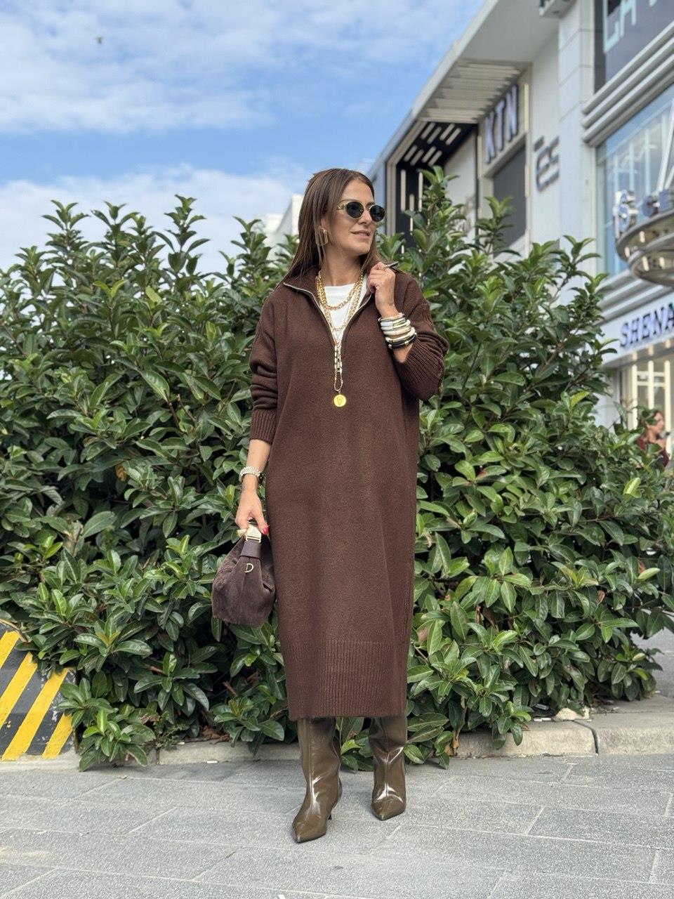 Maxi Boy Triko Elbise Kahve