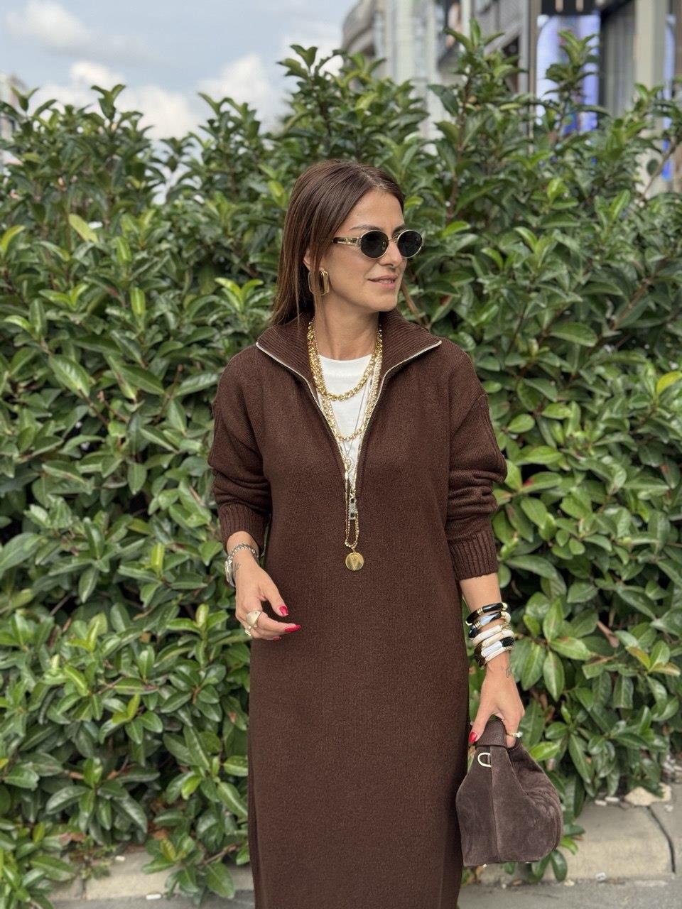 Maxi Boy Triko Elbise Kahve