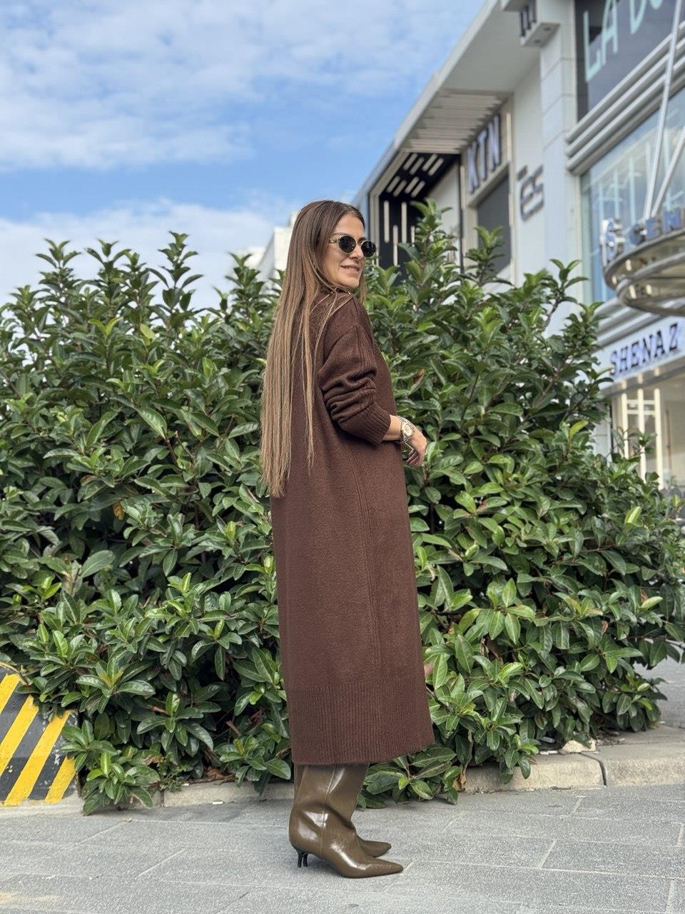 Maxi Boy Triko Elbise Kahve