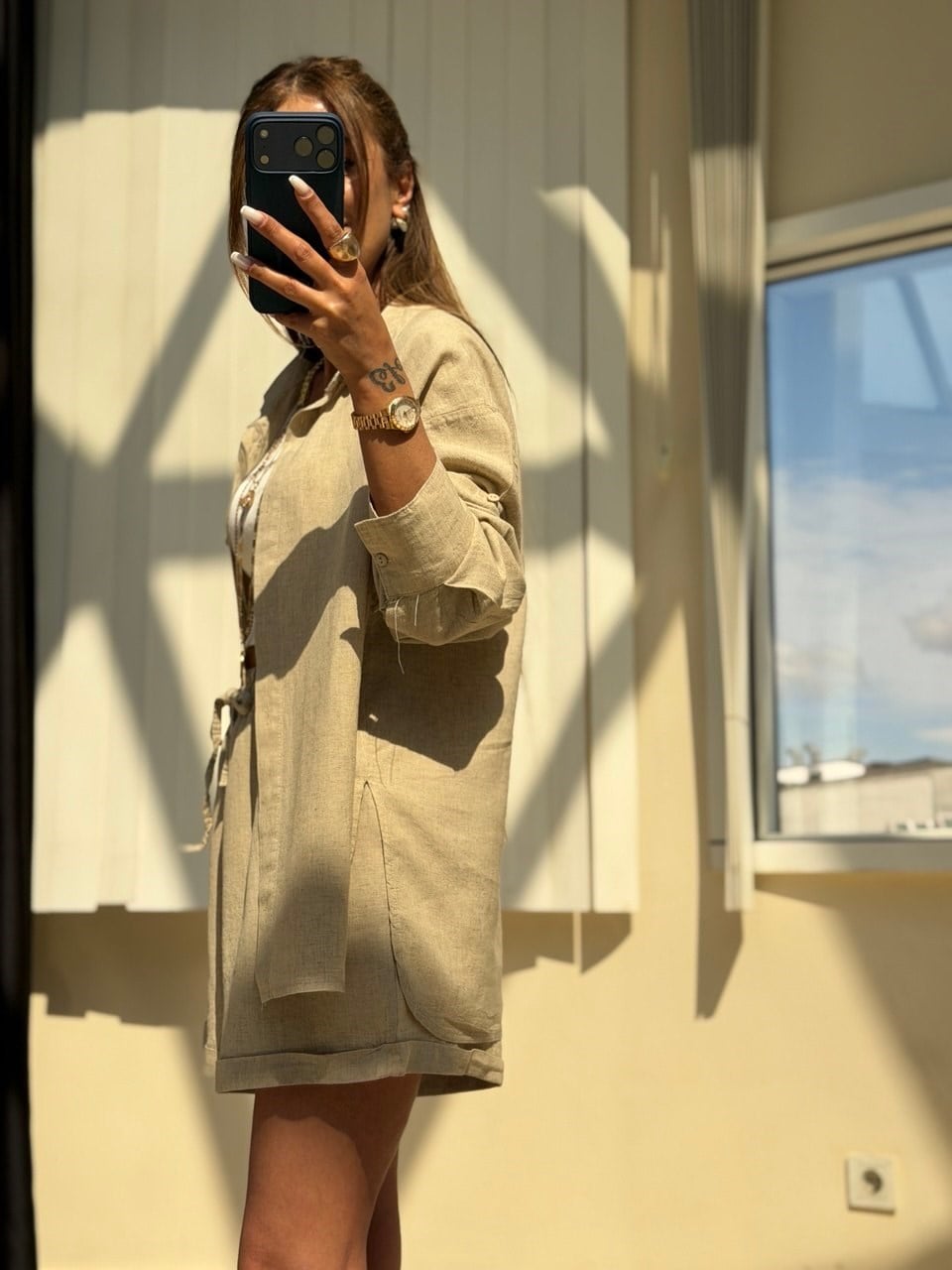 Naturel Keten Şortlu Takım